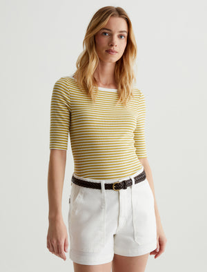 Connie Top Capri Stripe Ex-White/Martini Olive Slim Short Sleeve Boat Neck T-Shirt Women Top Photo 1