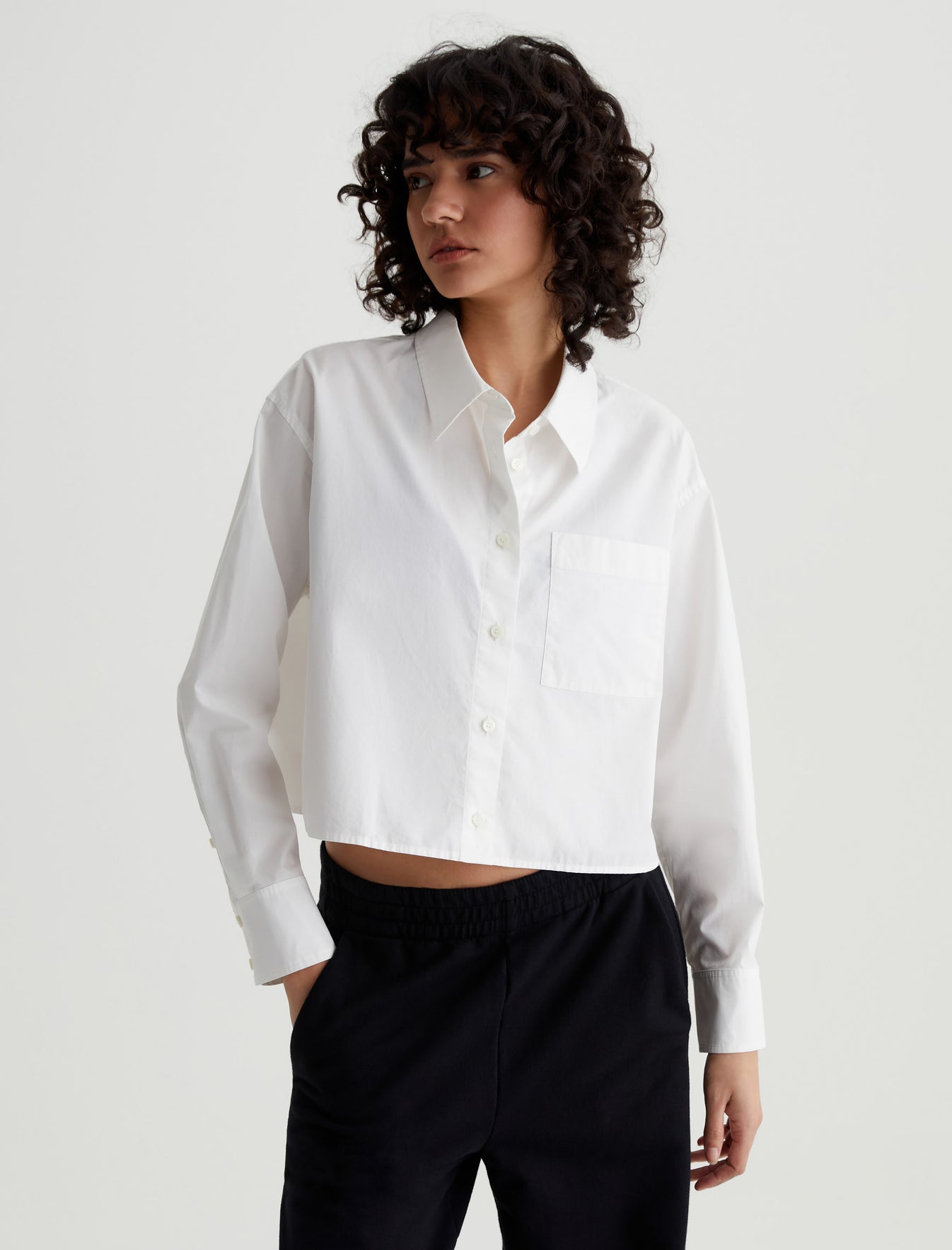Aubrey Shirt Pearl White Relaxed Fit Long Sleeve Button-Up Crop Shirt Women Top Photo 1