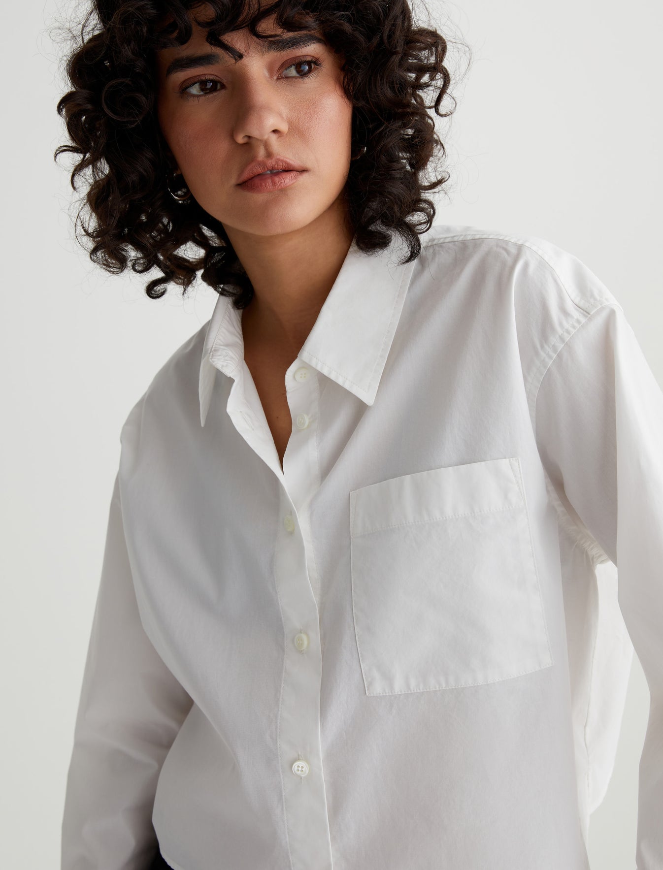 Aubrey Shirt Pearl White Relaxed Fit Long Sleeve Button-Up Crop Shirt Women Top Photo 3