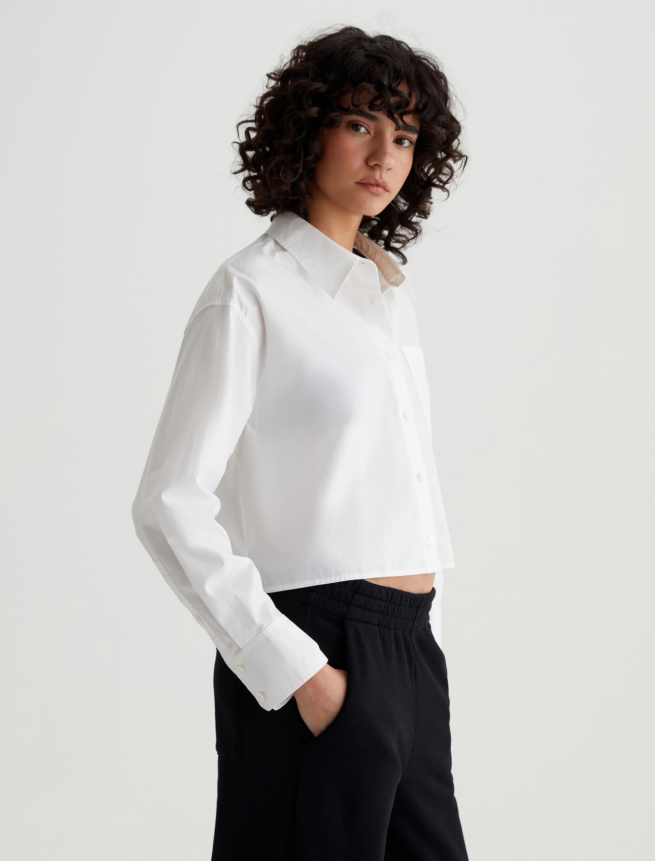 Aubrey Shirt Pearl White Relaxed Fit Long Sleeve Button-Up Crop Shirt Women Top Photo 6