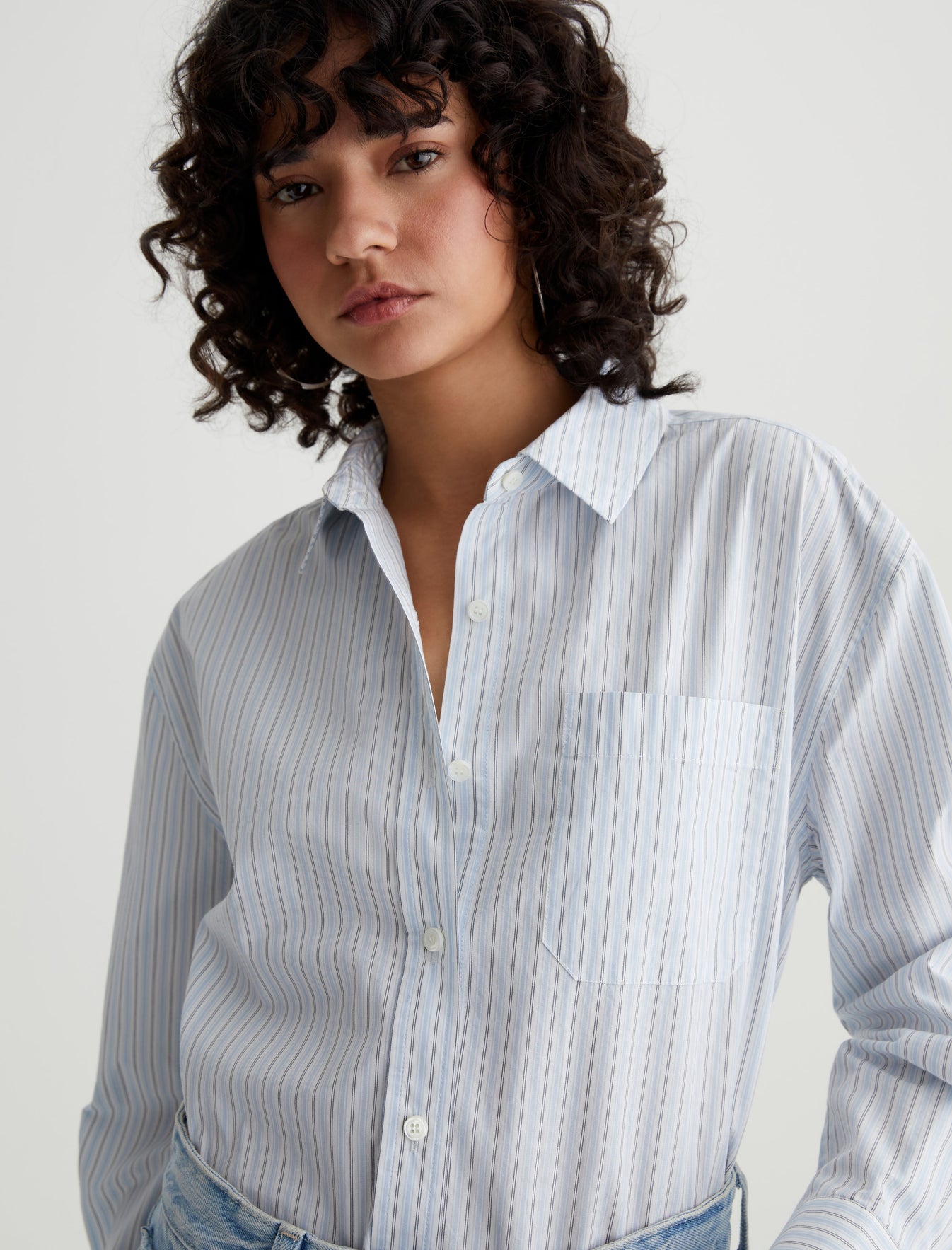 Addison Shirt Gallery Stripe Blue Multi Relaxed Fit Long Sleeve Button-Up Shirt Women Top Photo 3