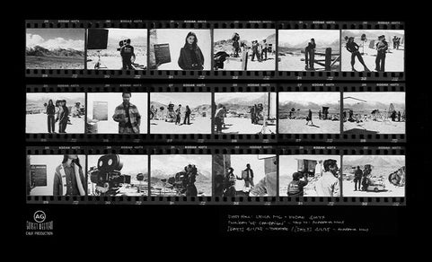 Contact sheet of black and white film frames showing a film production.