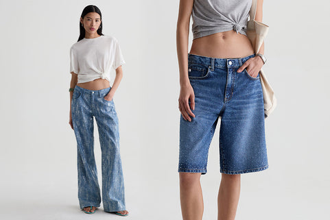 A model is shown in two views wearing blue rhinestoned denim shorts and sequined wide-leg jeans. The left view shows the full outfit with a white cropped tie-front t-shirt, and the right view is a close-up of the denim shorts against a light gray studio background.