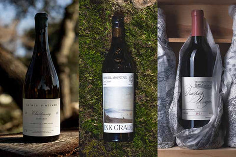 Three wine bottles with labels displayed against natural and rustic backgrounds.