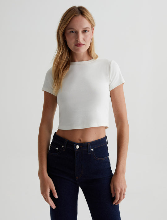 Emily Crew Ex-White Slim Fit Short Sleeve Crew Neck Rib T-Shirt Women Top Photo 1