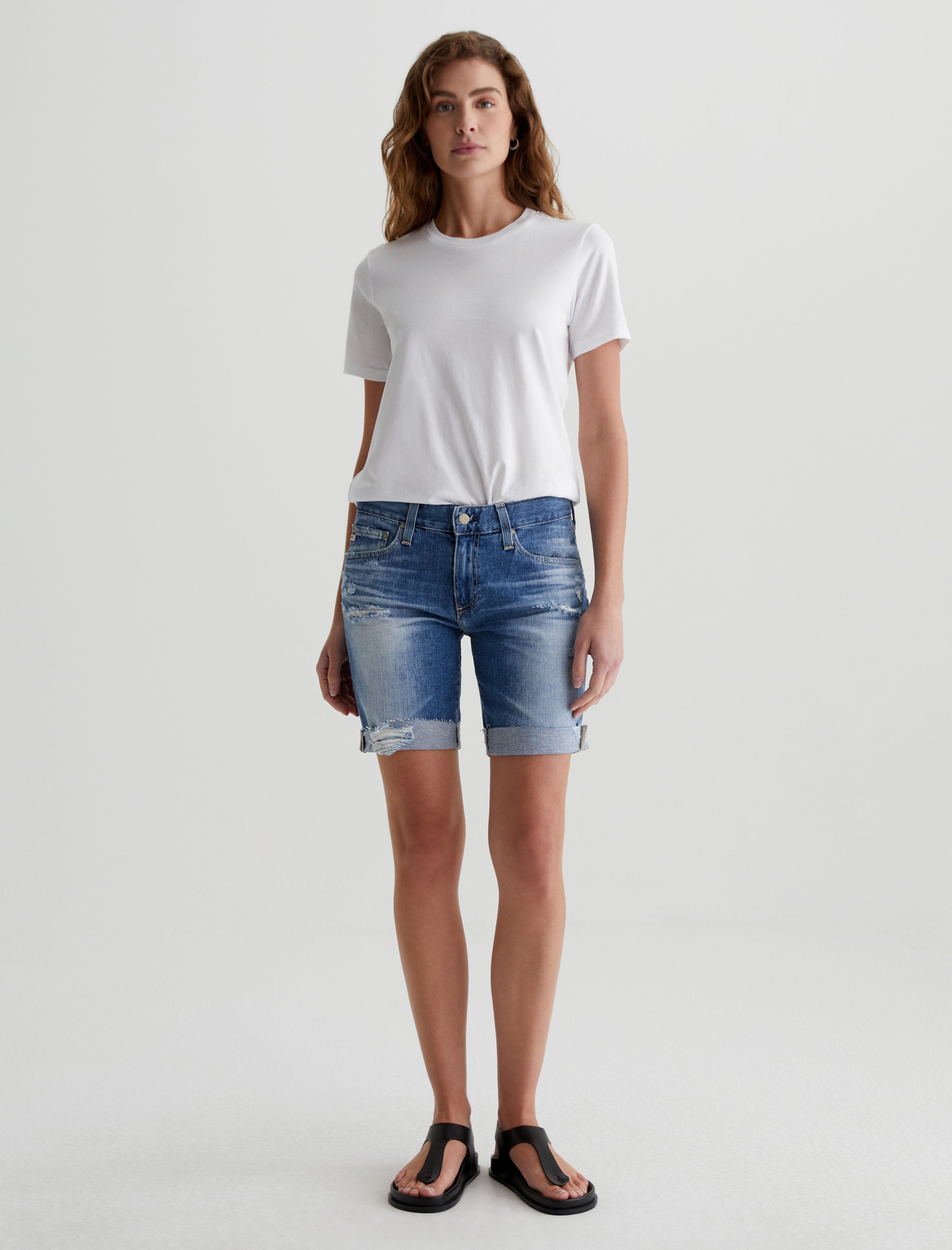 Nikki Short 16 Years Indigo Deluge Destructed AG-ed Relaxed Skinny Denim Short Women Bottom Photo 1