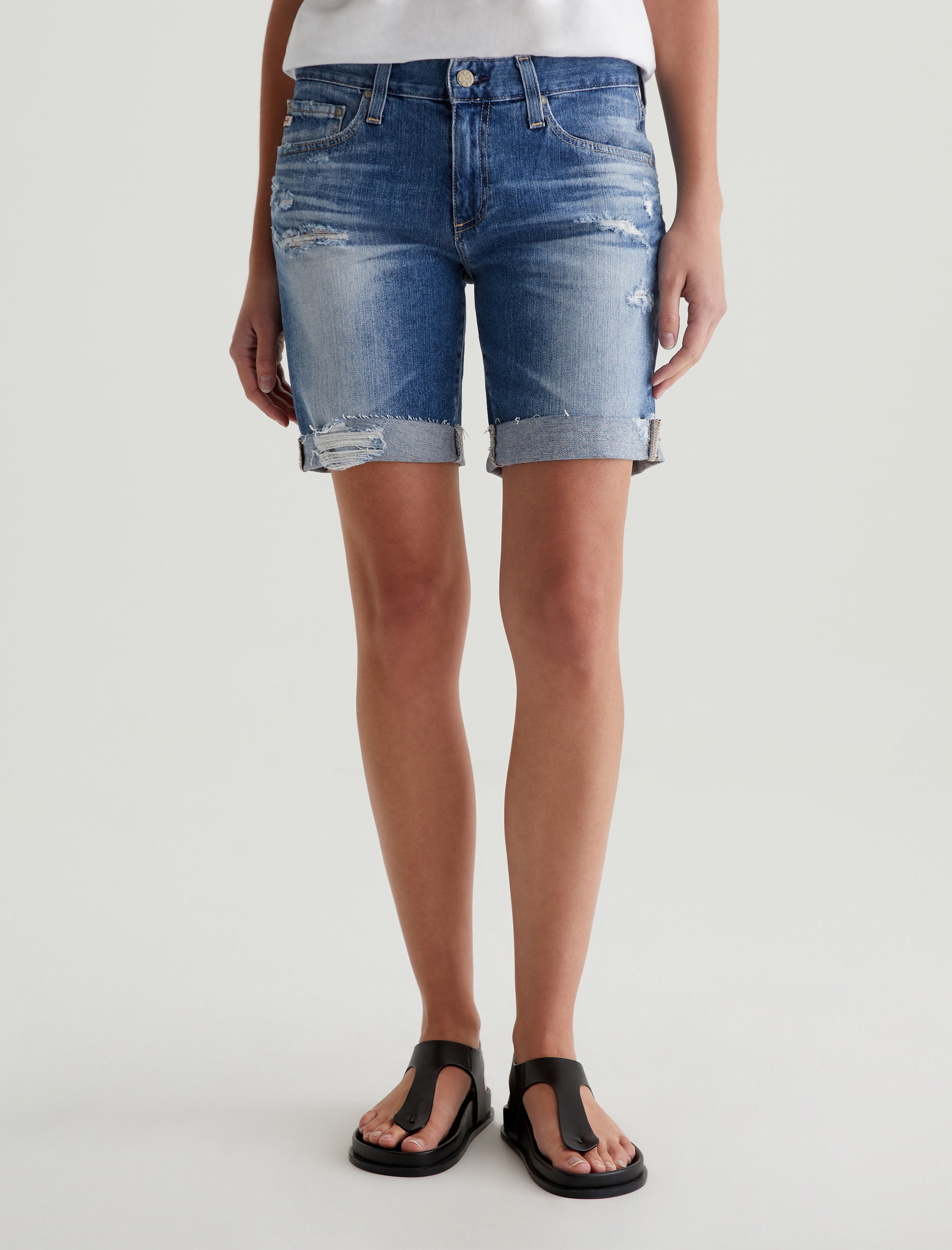 Nikki Short 16 Years Indigo Deluge Destructed AG-ed Relaxed Skinny Denim Short Women Bottom Photo 2