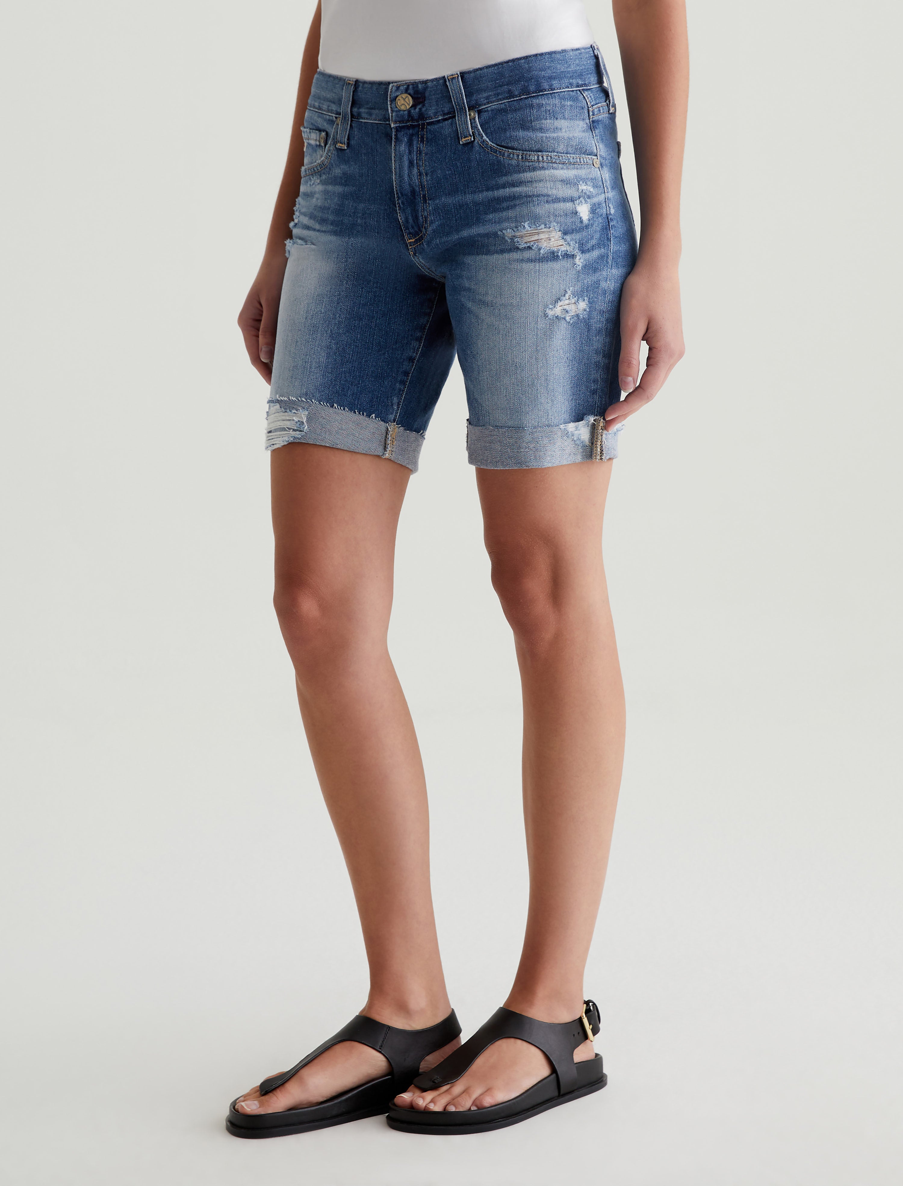 Nikki Short 16 Years Indigo Deluge Destructed AG-ed Relaxed Skinny Denim Short Women Bottom Photo 5