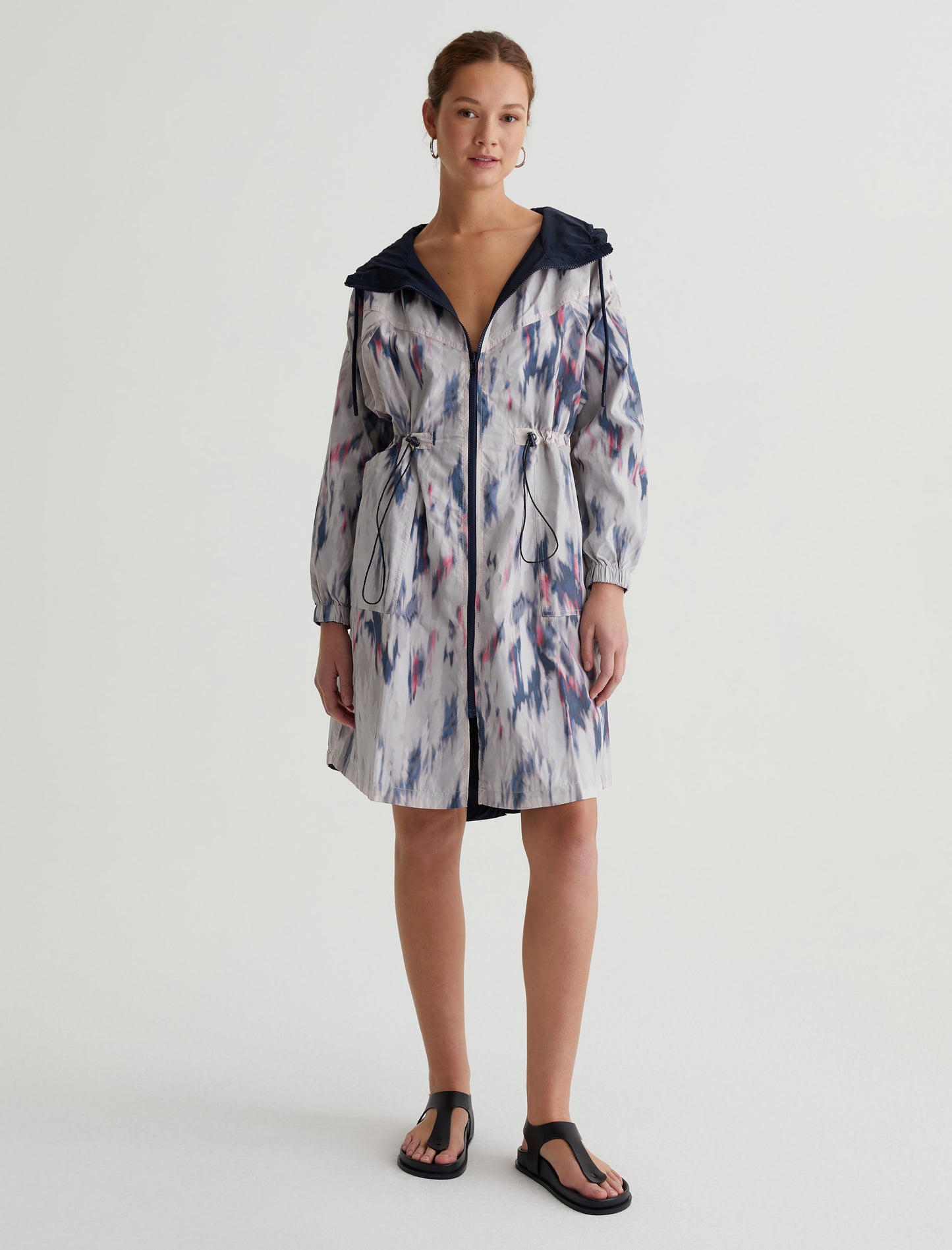 Luna Parka Ikat Waterfall Blue Multi Cinched Waist Hooded Zip Front Women Top Photo 1