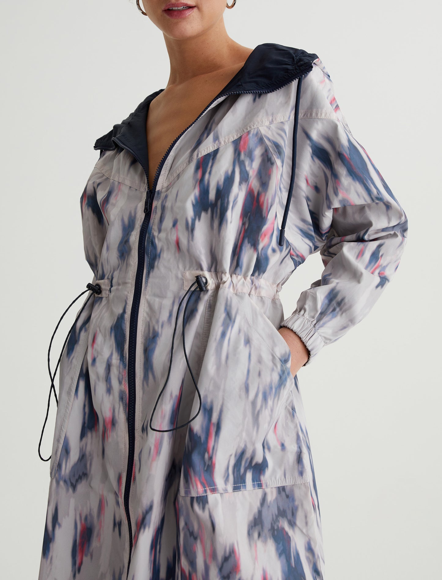 Luna Parka Ikat Waterfall Blue Multi Cinched Waist Hooded Zip Front Women Top Photo 4