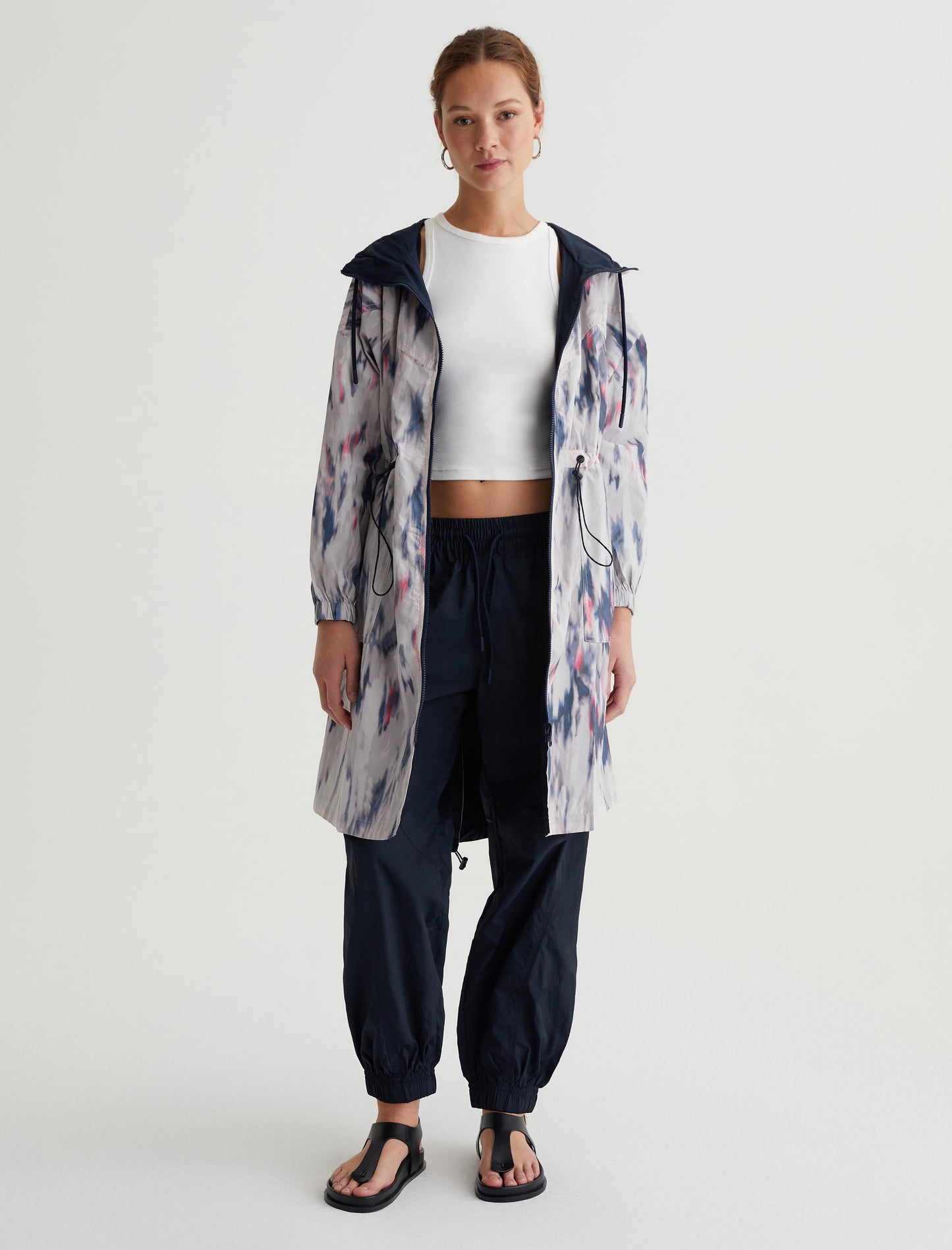 Luna Parka Ikat Waterfall Blue Multi Cinched Waist Hooded Zip Front Women Top Photo 5