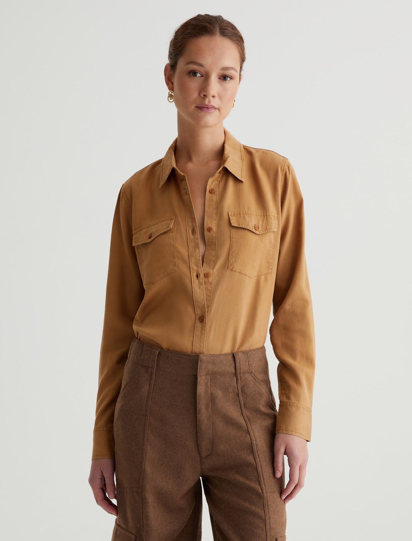 Shiela Utility Antique Bronze Relaxed Button Up Women Top Photo 1