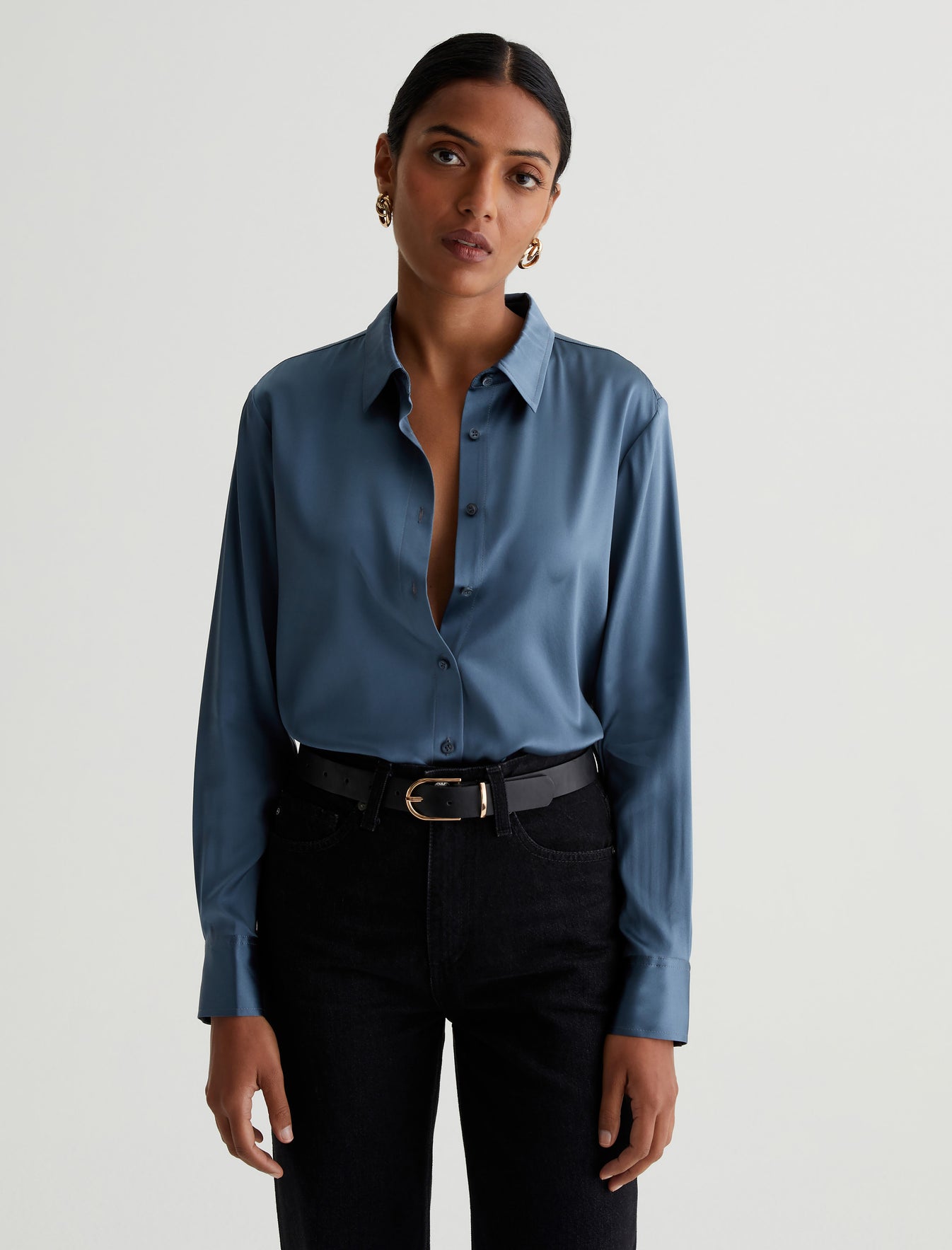 Shiela Shirt Blue Ice Luxe Silk Relaxed Long Sleeve Shirt Photo 2