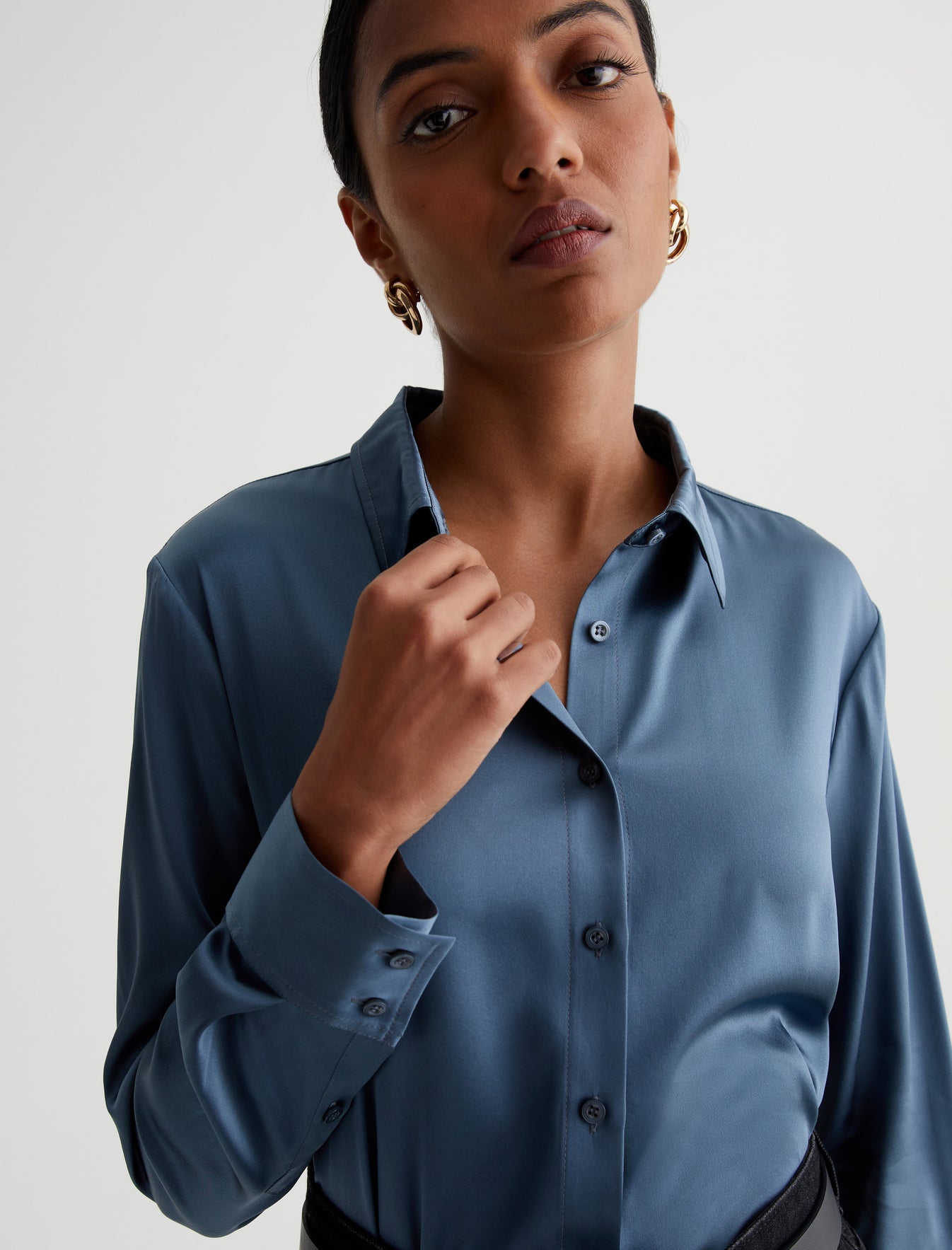 Shiela Shirt Blue Ice Luxe Silk Relaxed Long Sleeve Shirt Photo 3