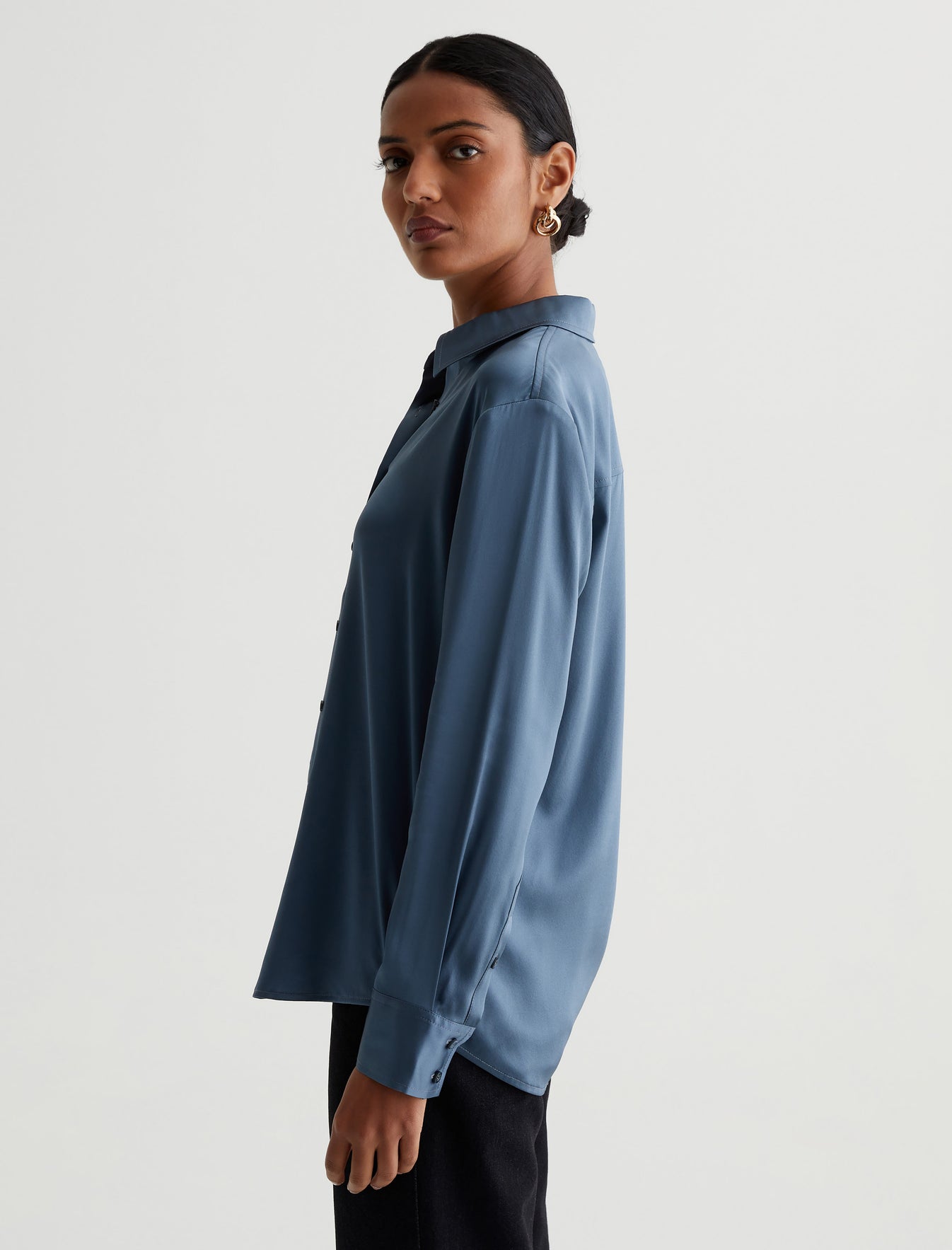 Shiela Shirt Blue Ice Luxe Silk Relaxed Long Sleeve Shirt Photo 5