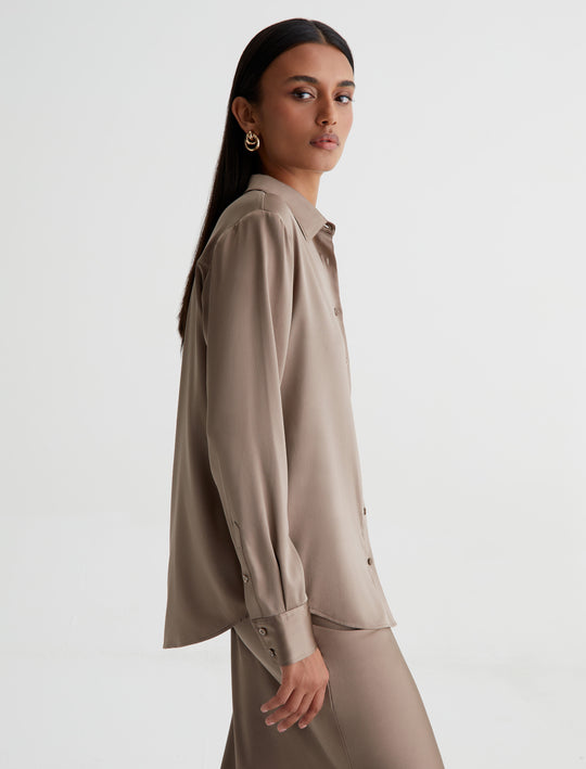 Shiela Brooklyn Taupe Relaxed Long Sleeve Button Up Shirt Women Top Photo 1