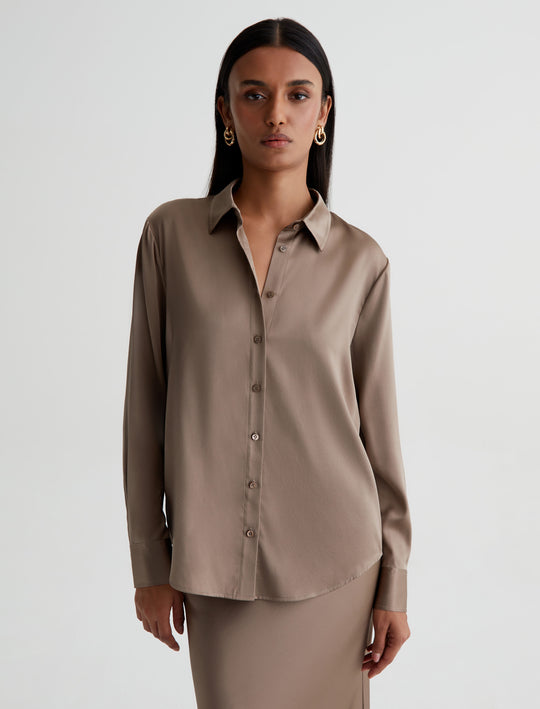 Shiela Brooklyn Taupe Relaxed Long Sleeve Button Up Shirt Women Top Photo 2