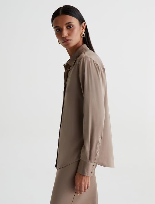 Shiela Brooklyn Taupe Relaxed Long Sleeve Button Up Shirt Women Top Photo 5