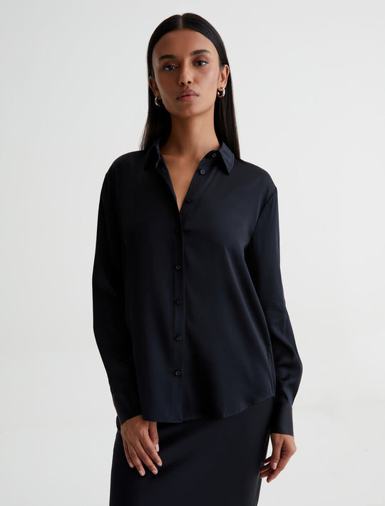 Shiela True Black Relaxed Long Sleeve Button Up Shirt Women Top Photo 2