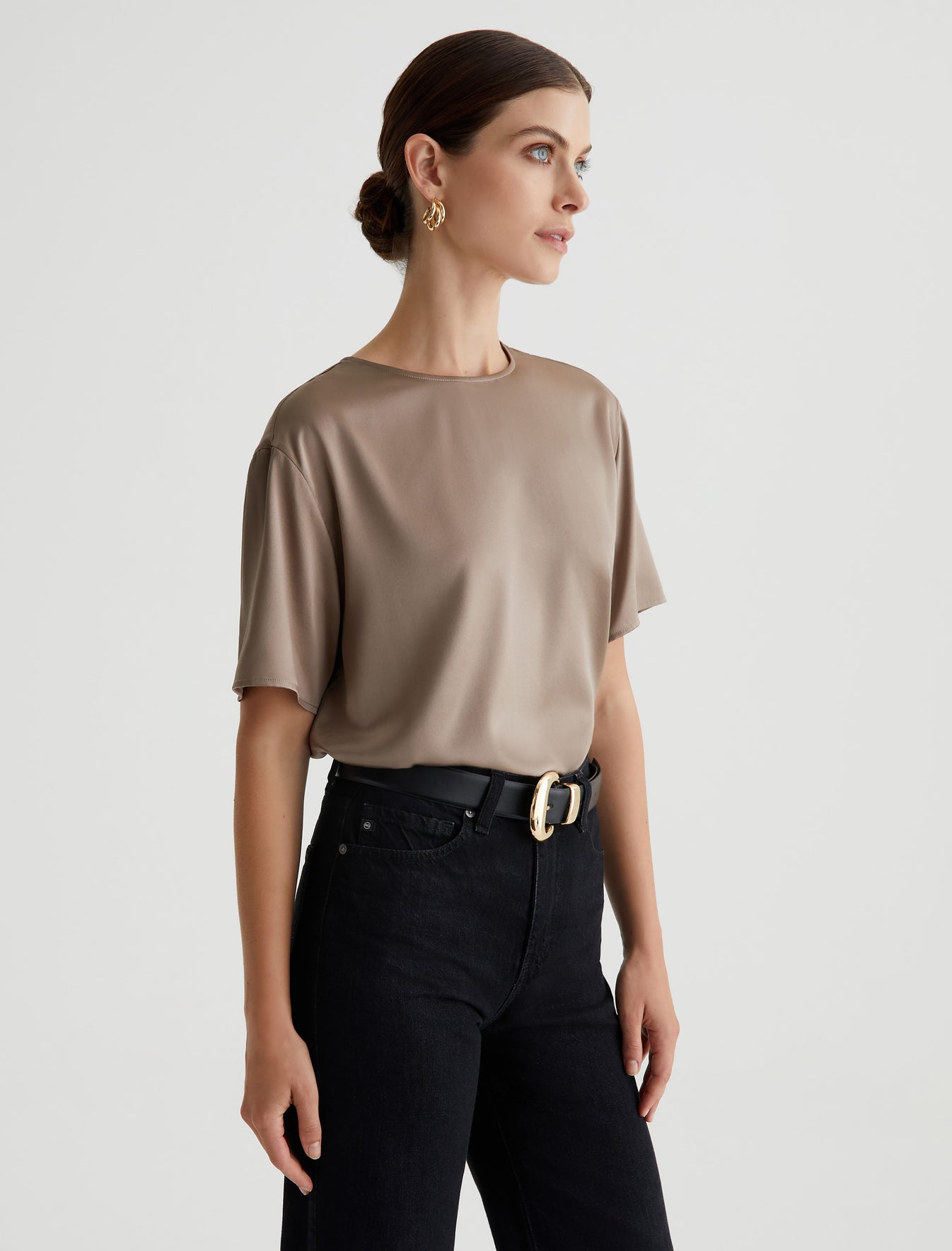 Nari Brooklyn Taupe Relaxed Crew Neck T-Shirt Womens Top  Photo 2