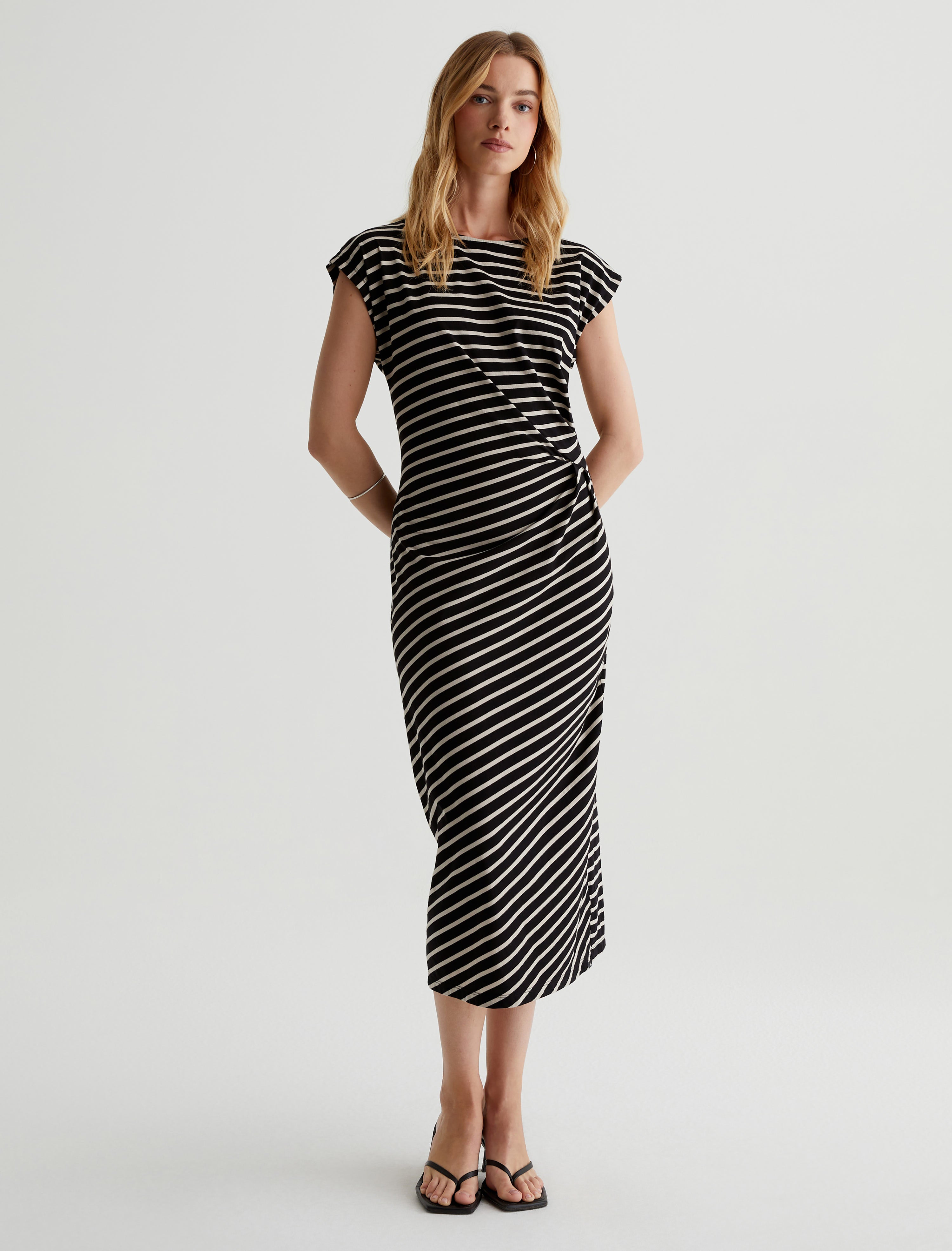 Aja Dress Coastal Stripe True Black/Flax Side Pleat T-Shirt Dress Women Top Photo 1