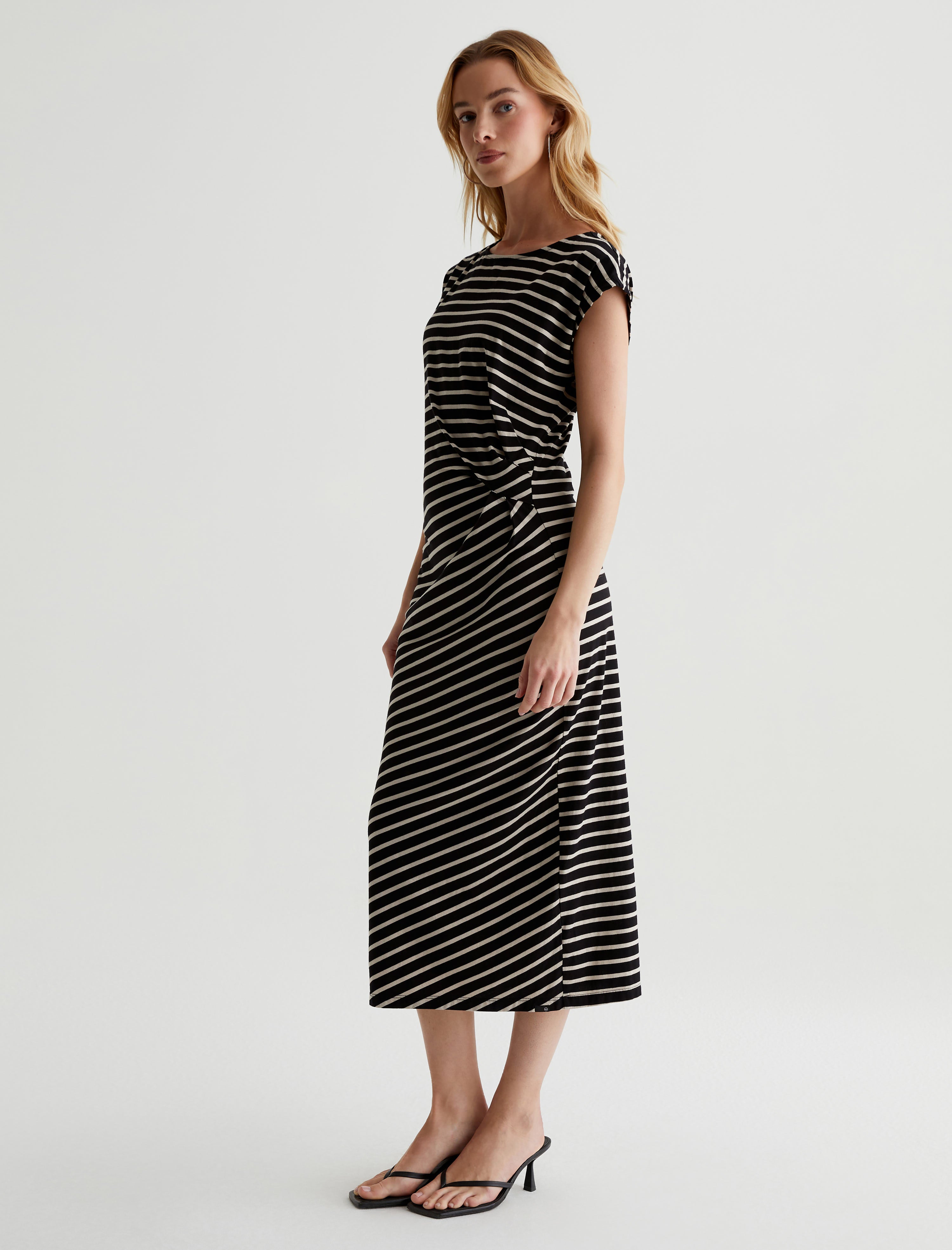 Aja Dress Coastal Stripe True Black/Flax Side Pleat T-Shirt Dress Women Top Photo 2