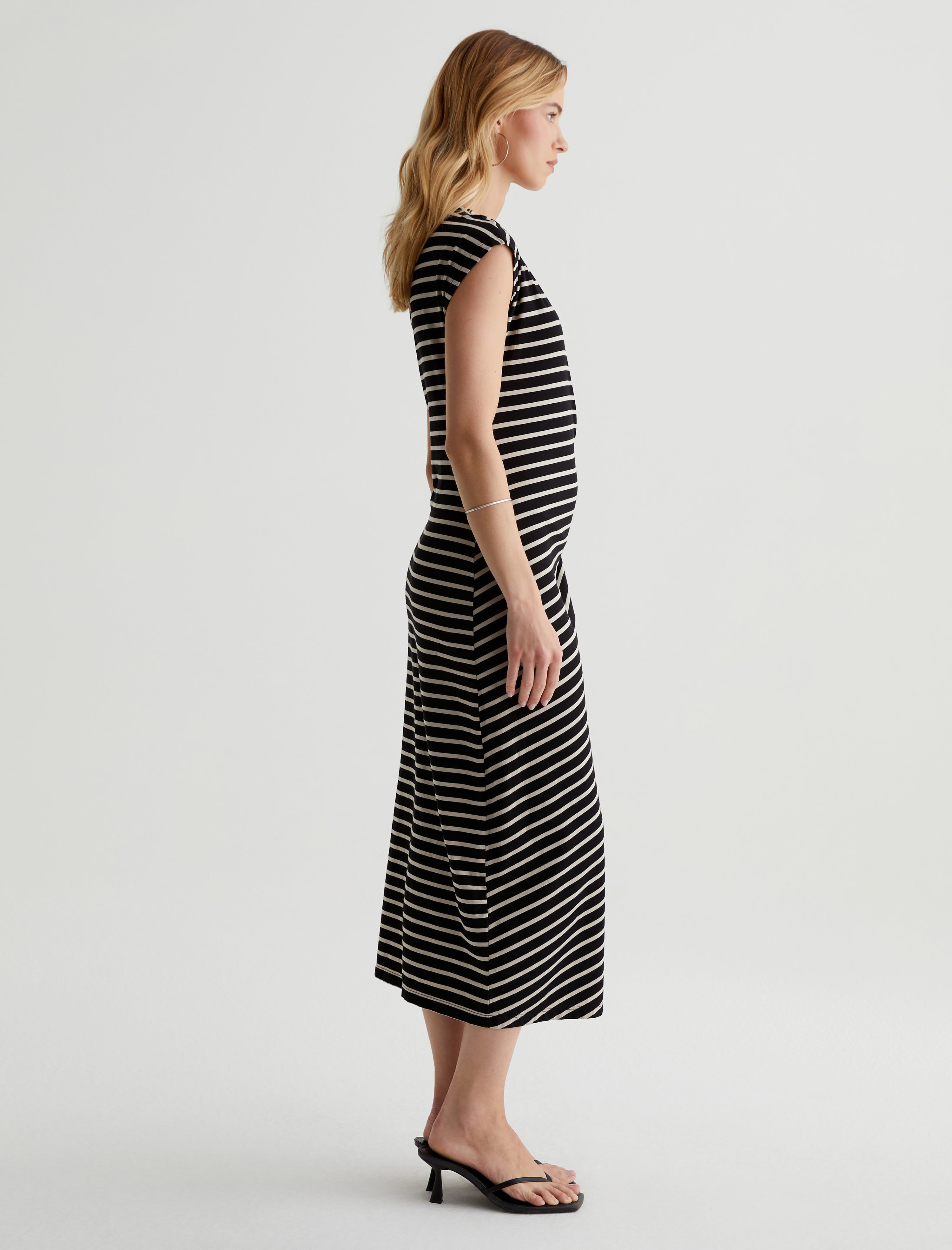 Aja Dress Coastal Stripe True Black/Flax Side Pleat T-Shirt Dress Women Top Photo 4