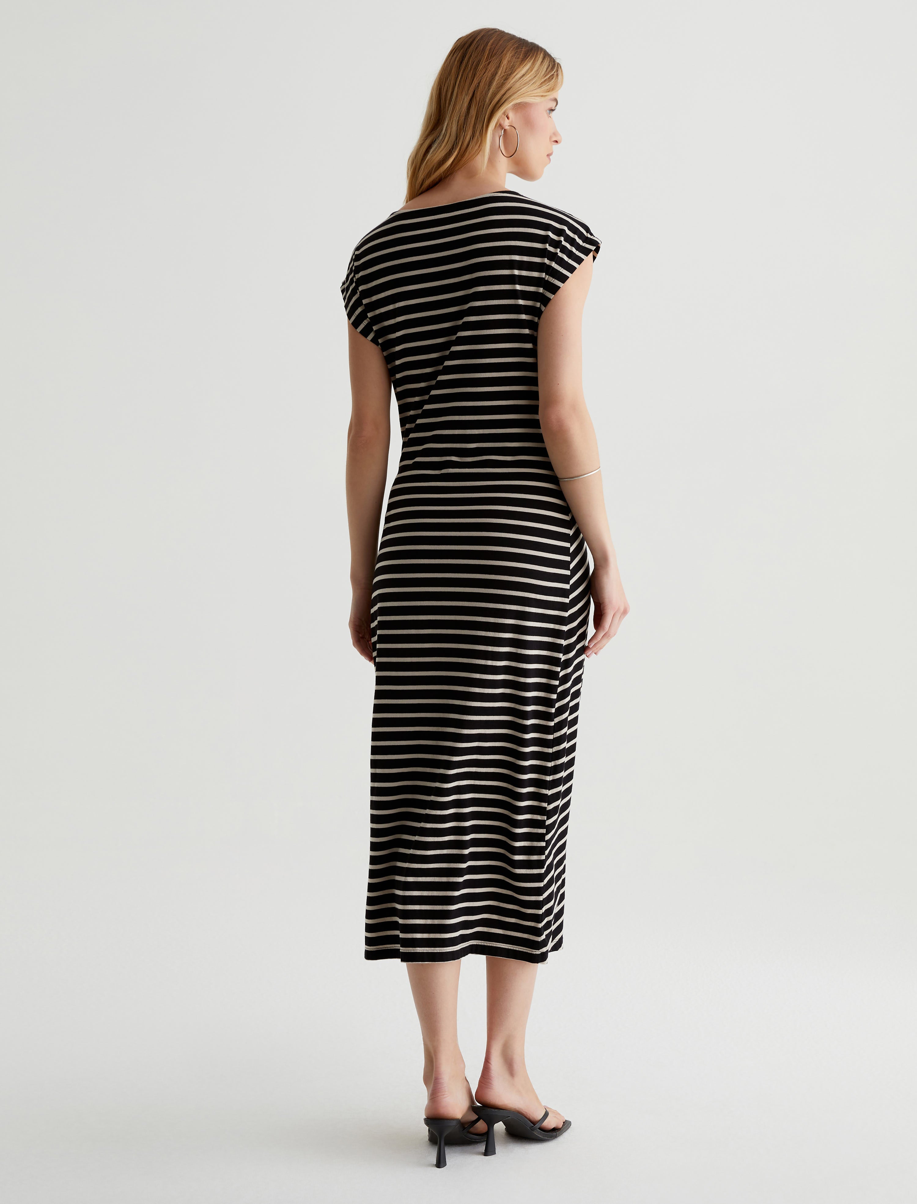 Aja Dress Coastal Stripe True Black/Flax Side Pleat T-Shirt Dress Women Top Photo 6