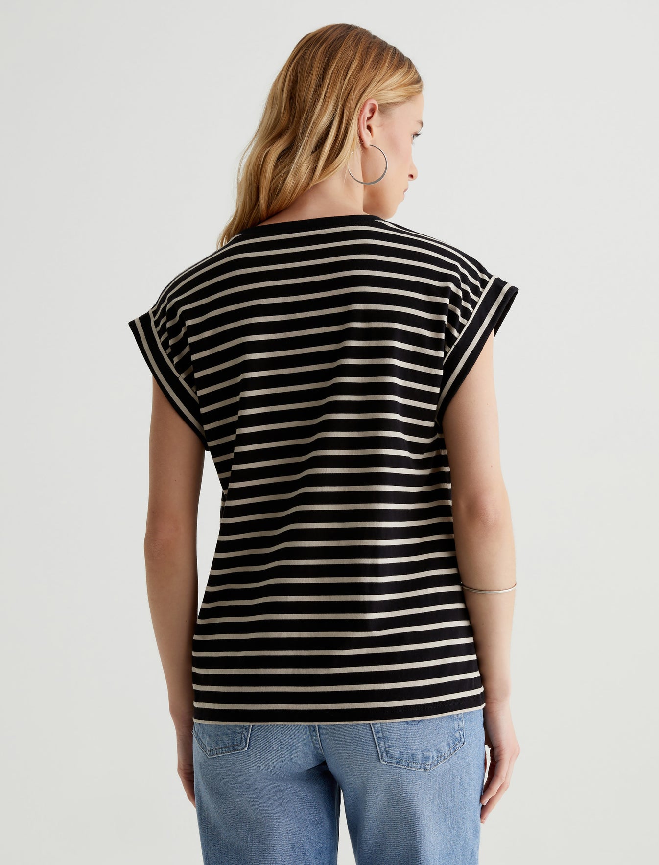 Rowan Coastal Stripe True Black/Flax Relaxed Rolled Sleeve T-Shirt Women Top Photo 7