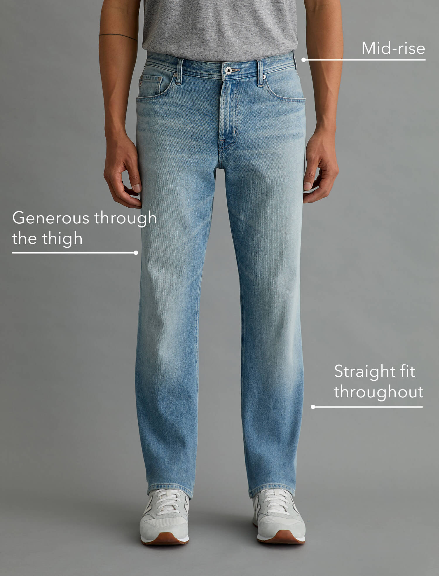 Person wearing light blue jeans with text annotations on a gray background