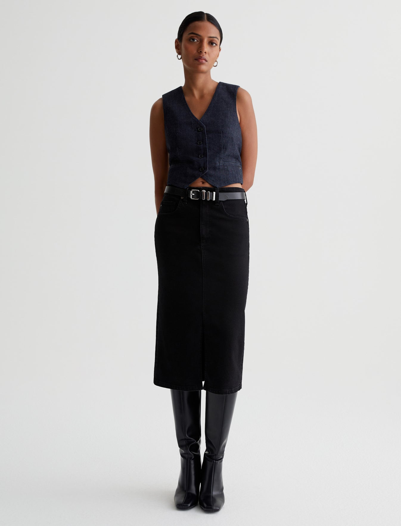 Tefi Black Cast High-Waisted Midi Skirt Women Bottom Photo 1