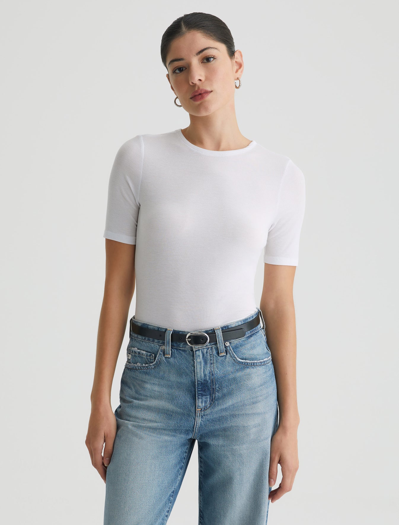 Jane Short Sleeve Crew True White Ribbed Knit Collection Womens Tops   Photo 2