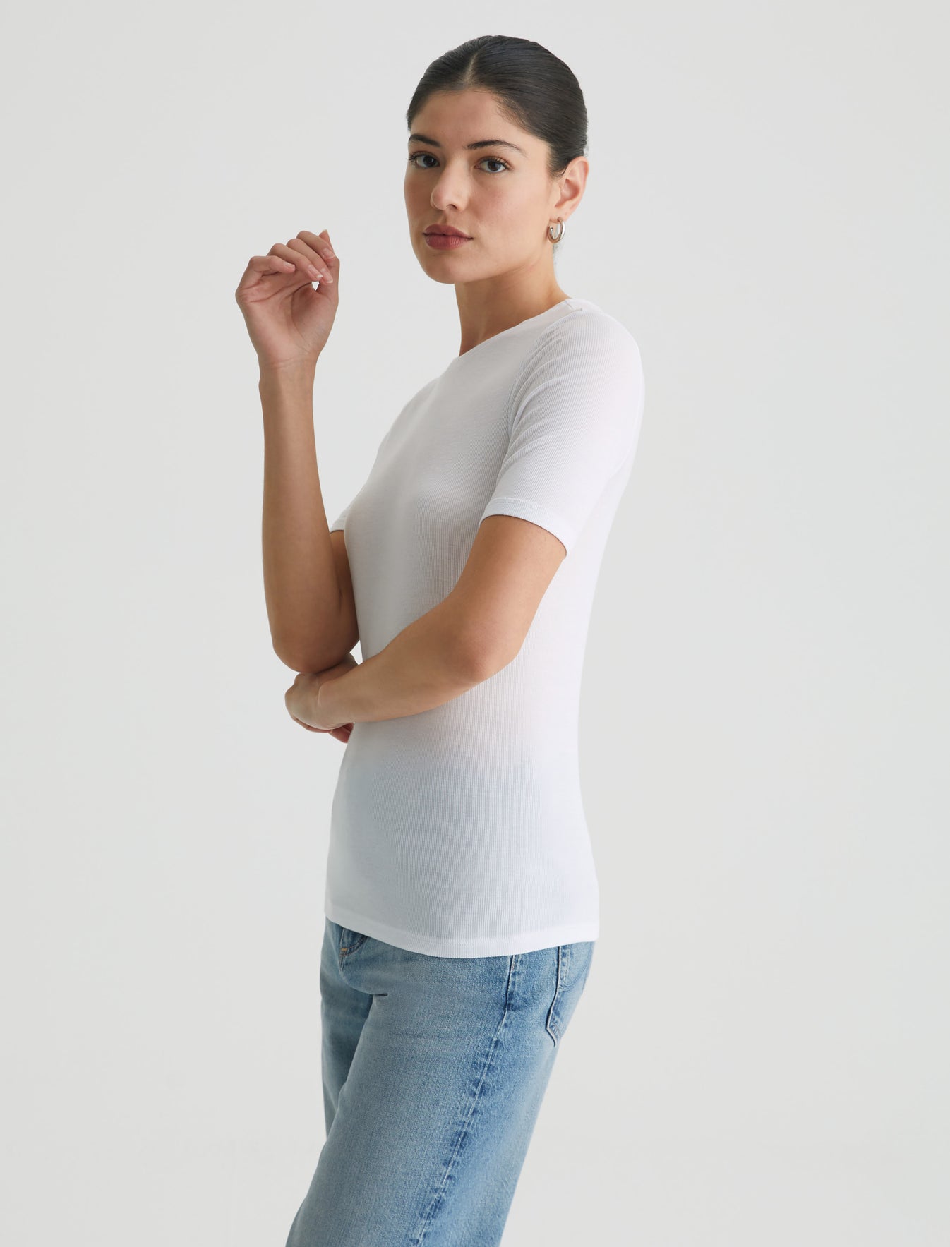 Jane Short Sleeve Crew True White Ribbed Knit Collection Womens Tops   Photo 3
