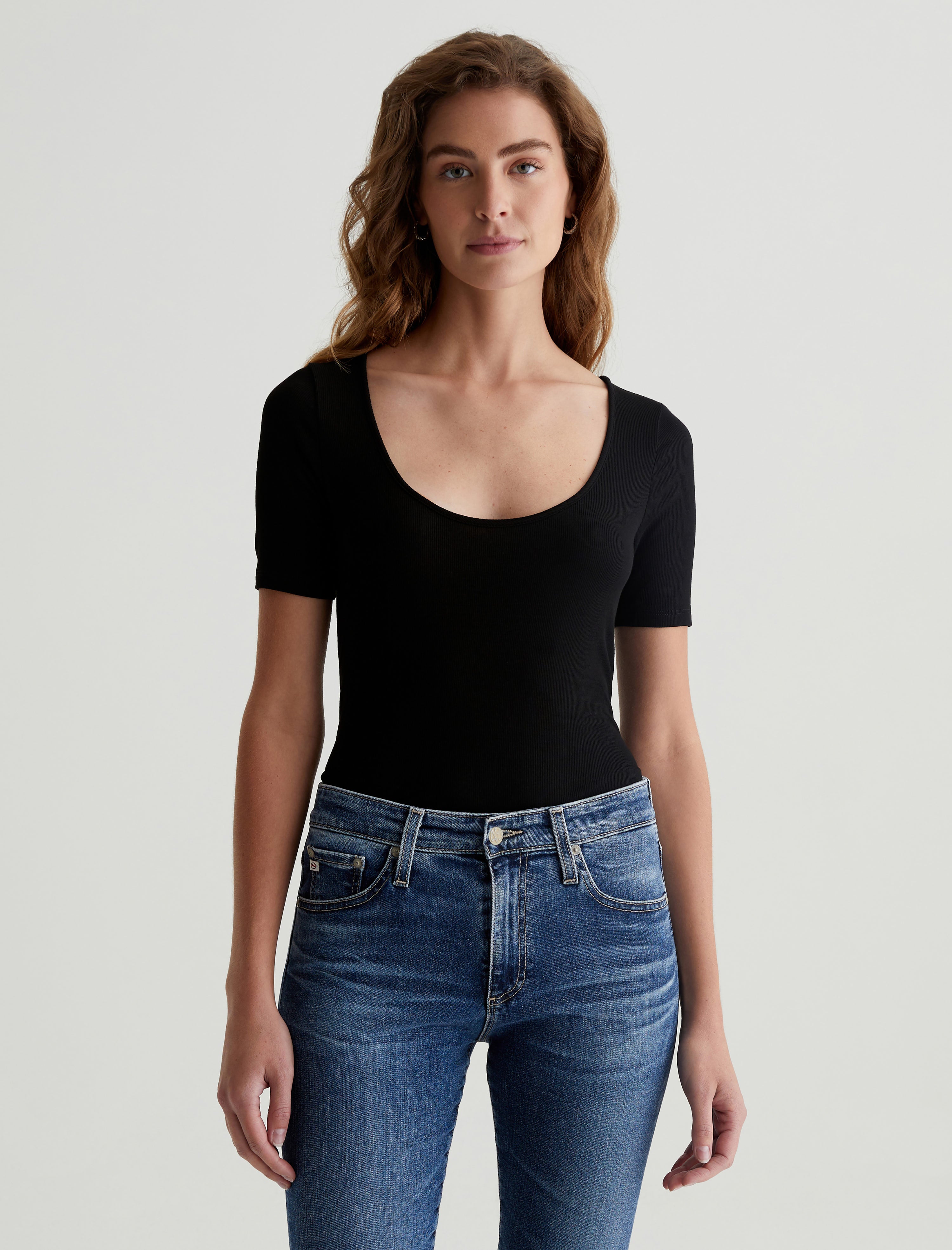 Jaxon Scoop True Black Slim Scoop Neck Rib T-Shirt Women Top Photo 1