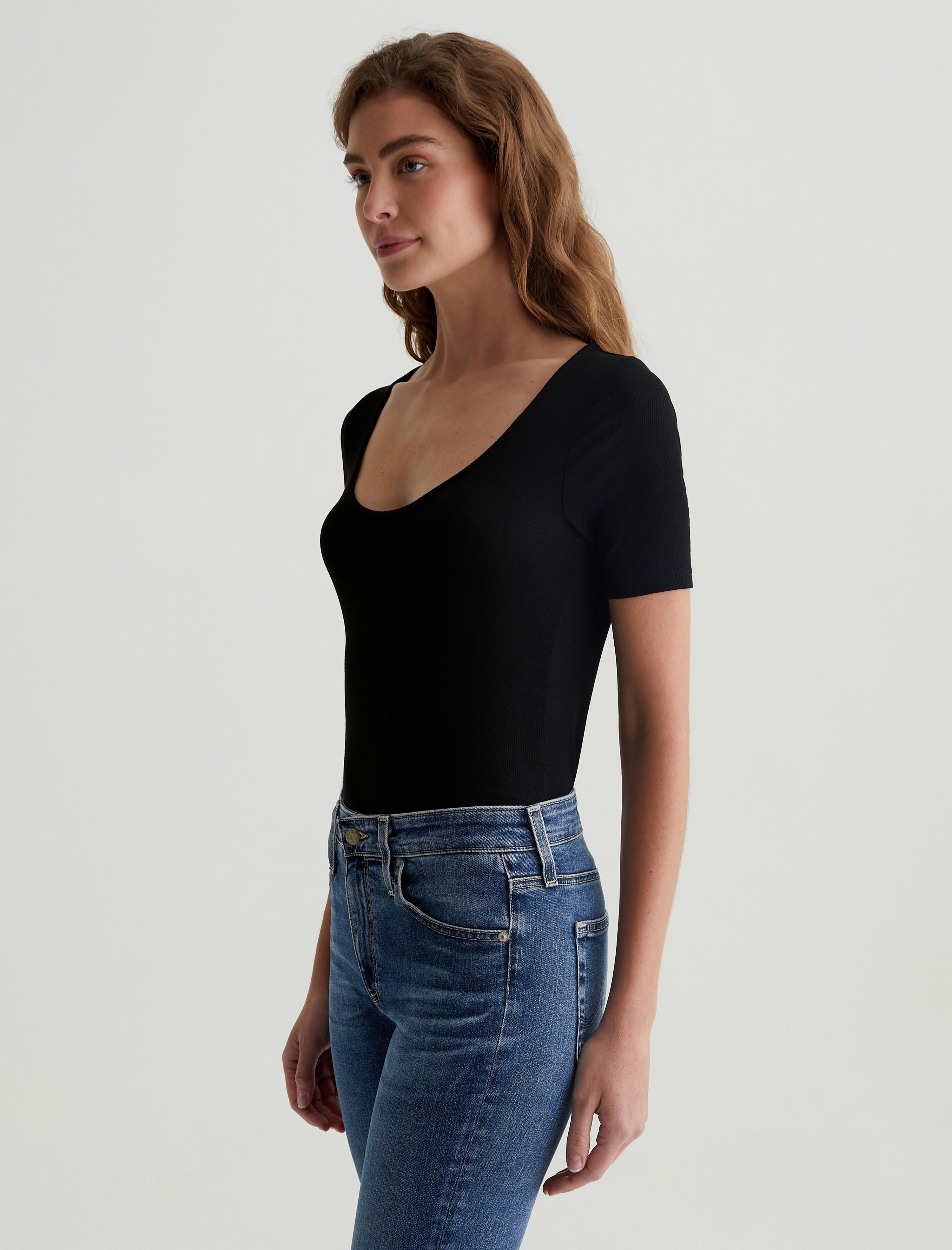 Jaxon Scoop True Black Slim Scoop Neck Rib T-Shirt Women Top Photo 3