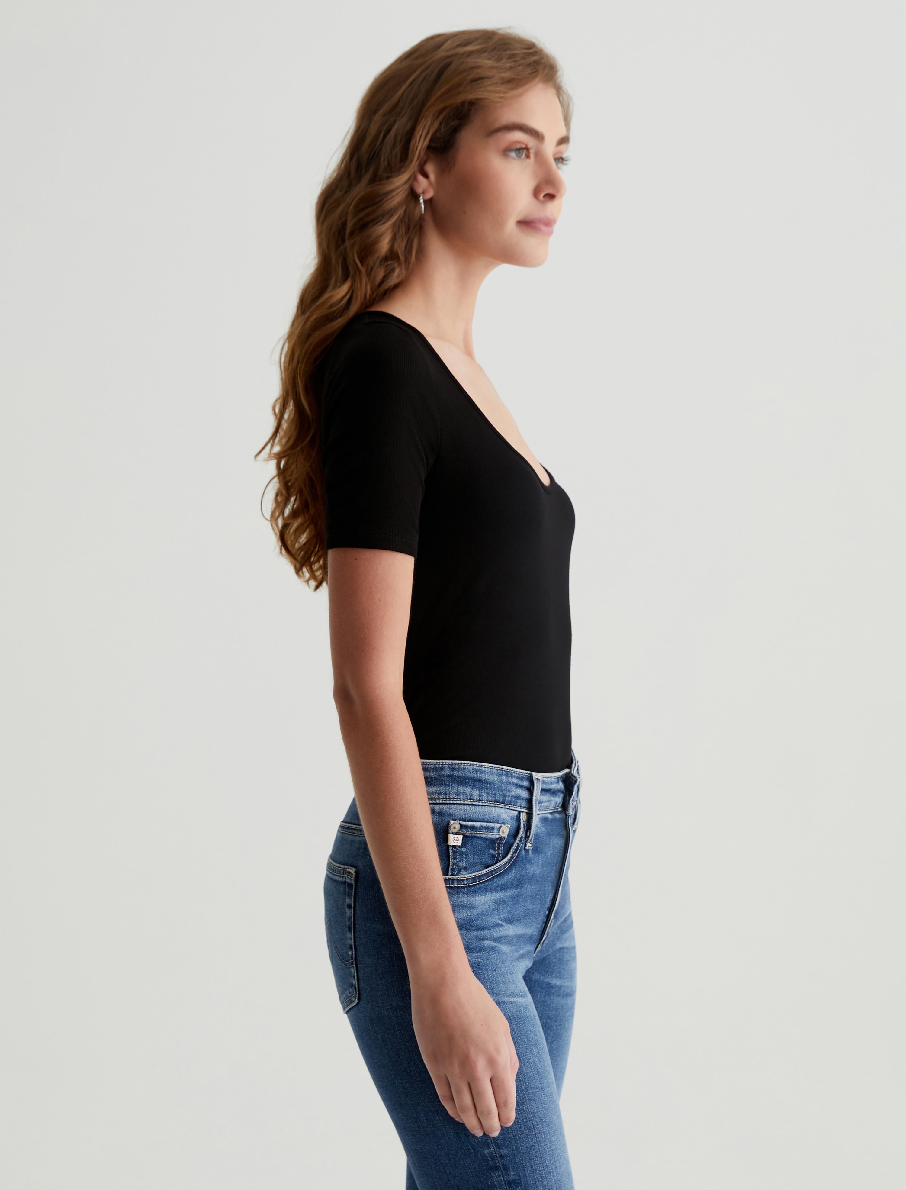 Jaxon Scoop True Black Slim Scoop Neck Rib T-Shirt Women Top Photo 6