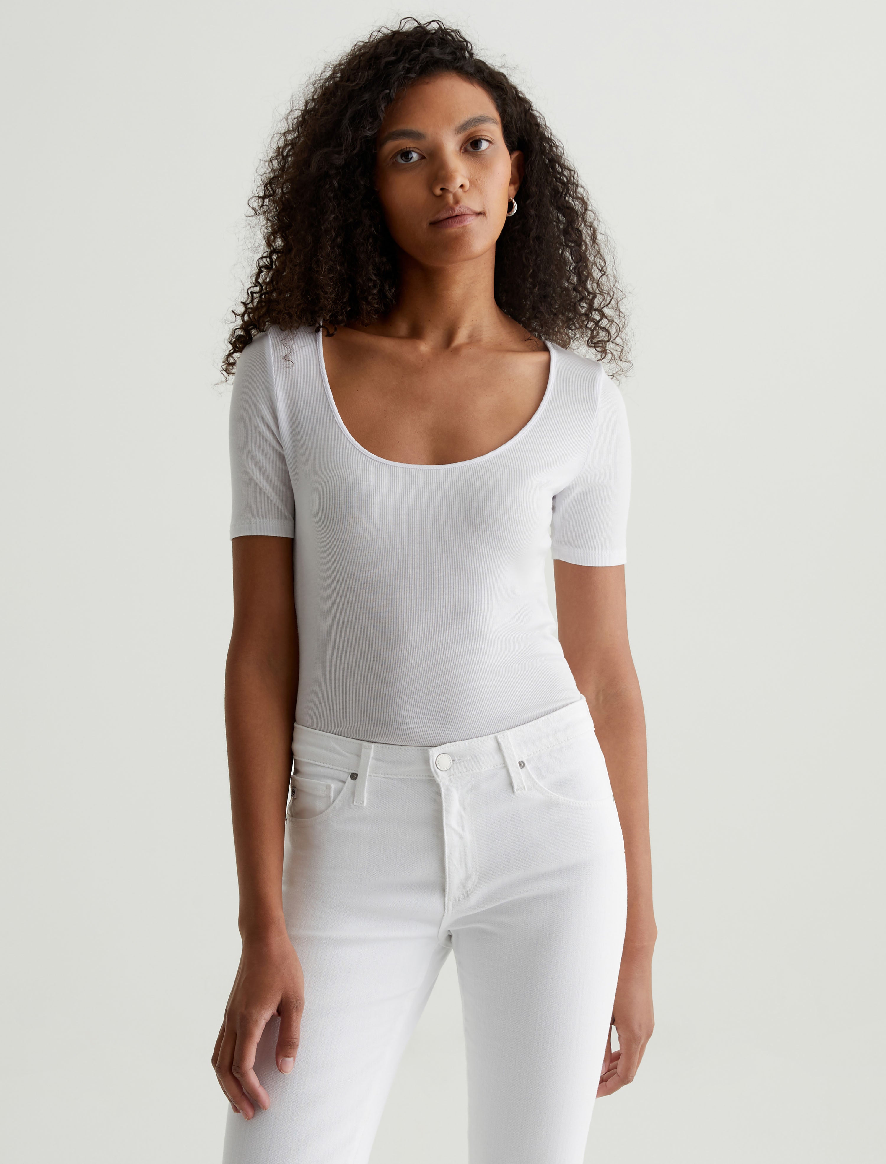 Jaxon Scoop True White Slim Scoop Neck Rib T-Shirt Women Top Photo 1