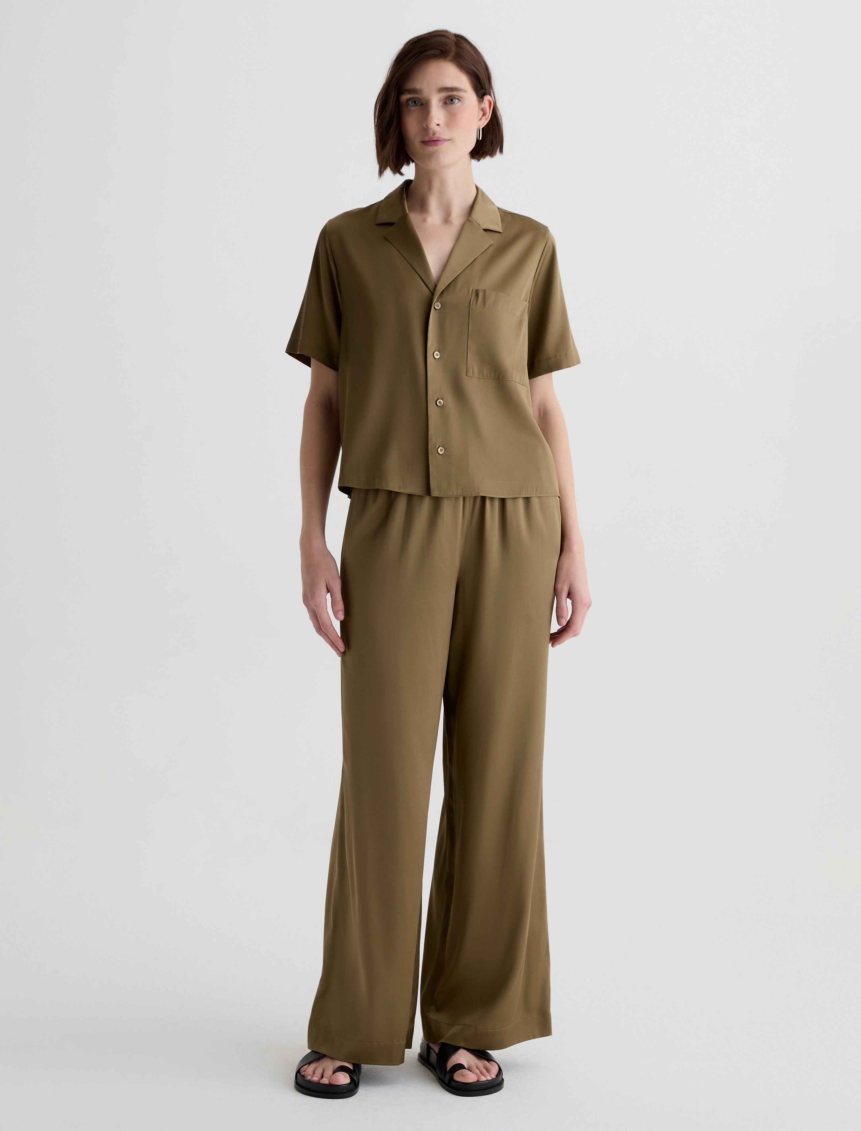 Clara Mossy Taupe Silk Pull-On Wide Leg Women Bottom Photo 1