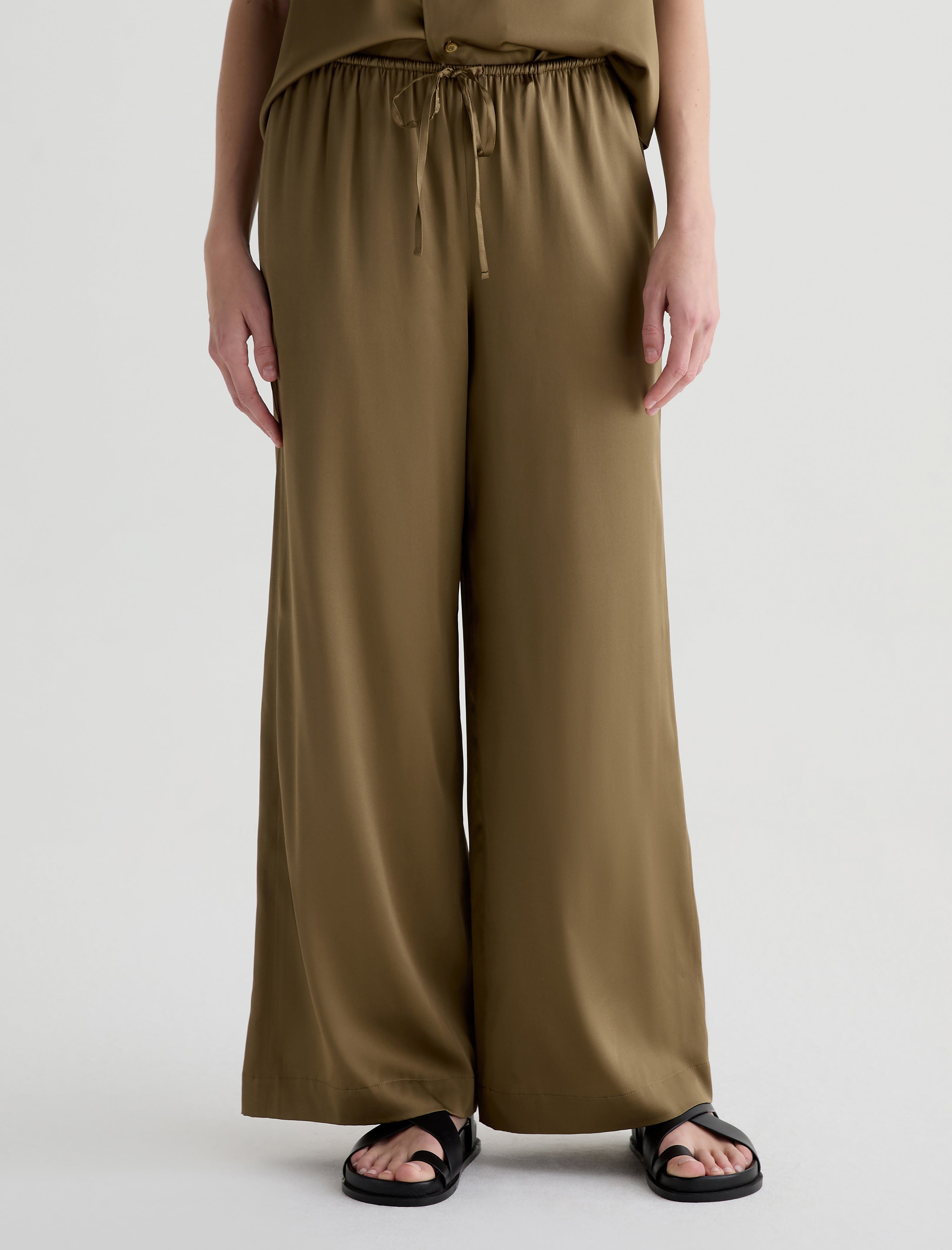 Clara Mossy Taupe Silk Pull-On Wide Leg Women Bottom Photo 2