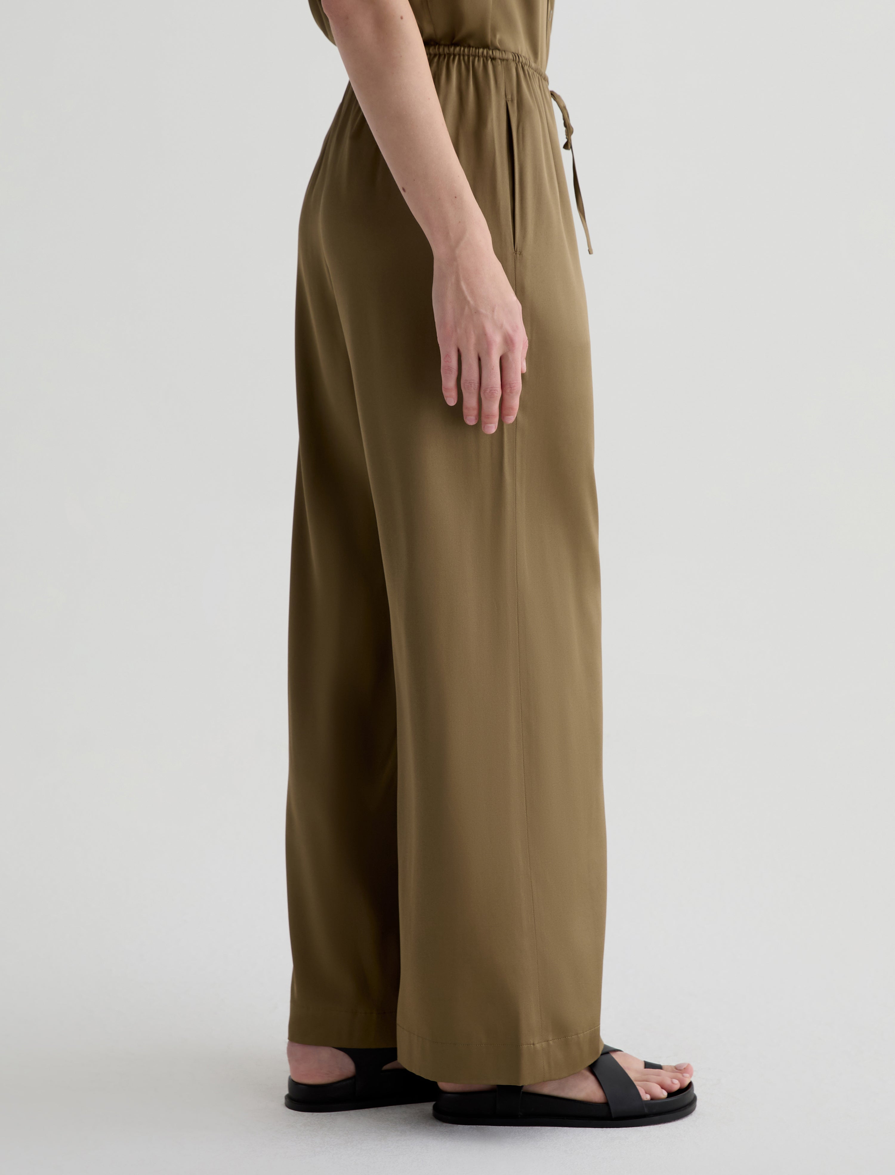 Clara Mossy Taupe Silk Pull-On Wide Leg Women Bottom Photo 4