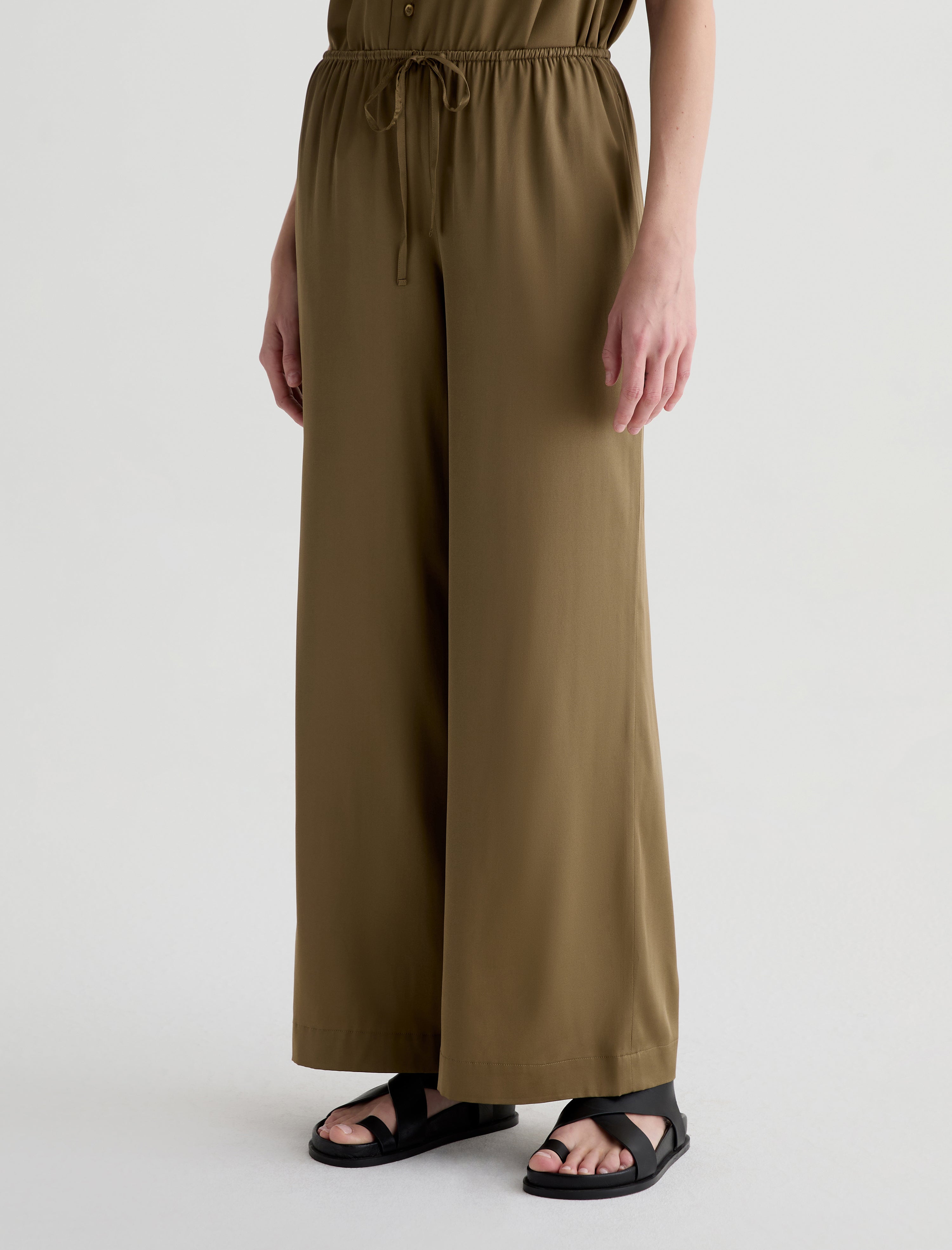 Clara Mossy Taupe Silk Pull-On Wide Leg Women Bottom Photo 6