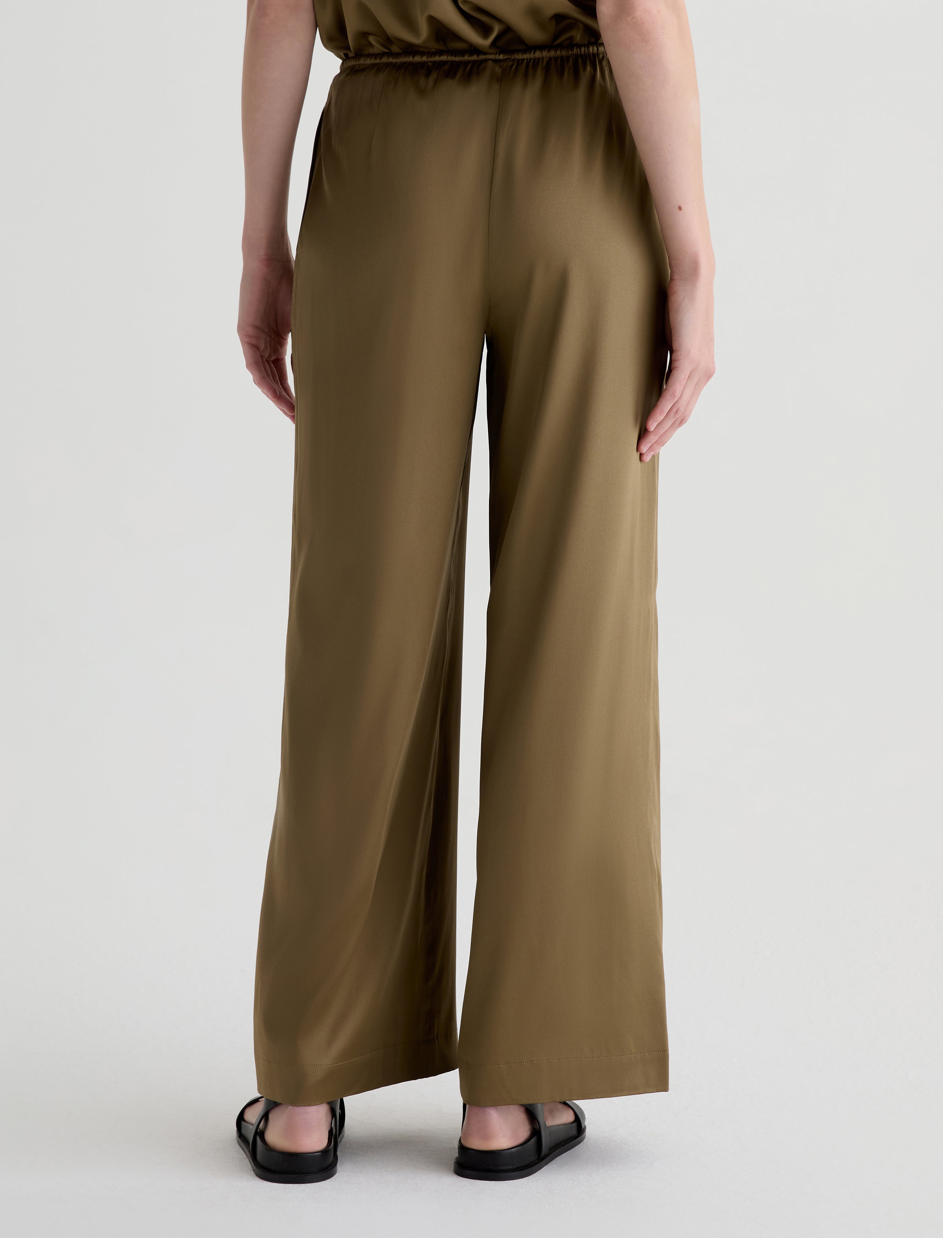 Clara Mossy Taupe Silk Pull-On Wide Leg Women Bottom Photo 7