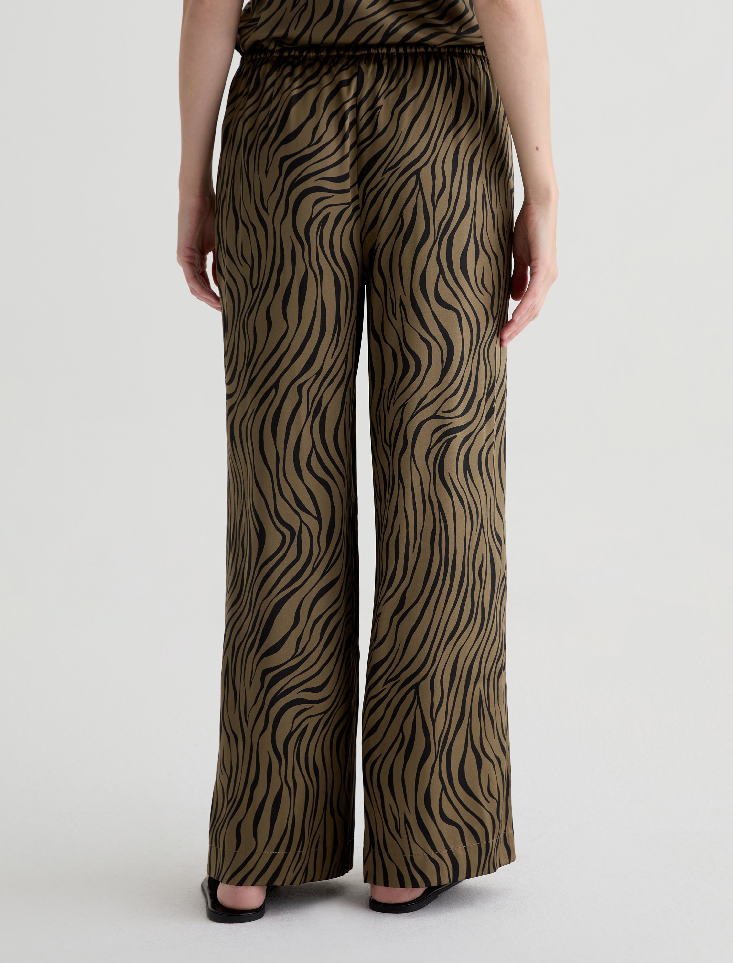 Clara Modern Zebra Mossy Taupe/Black Silk Pull-On Wide Leg Women Bottom Photo 7