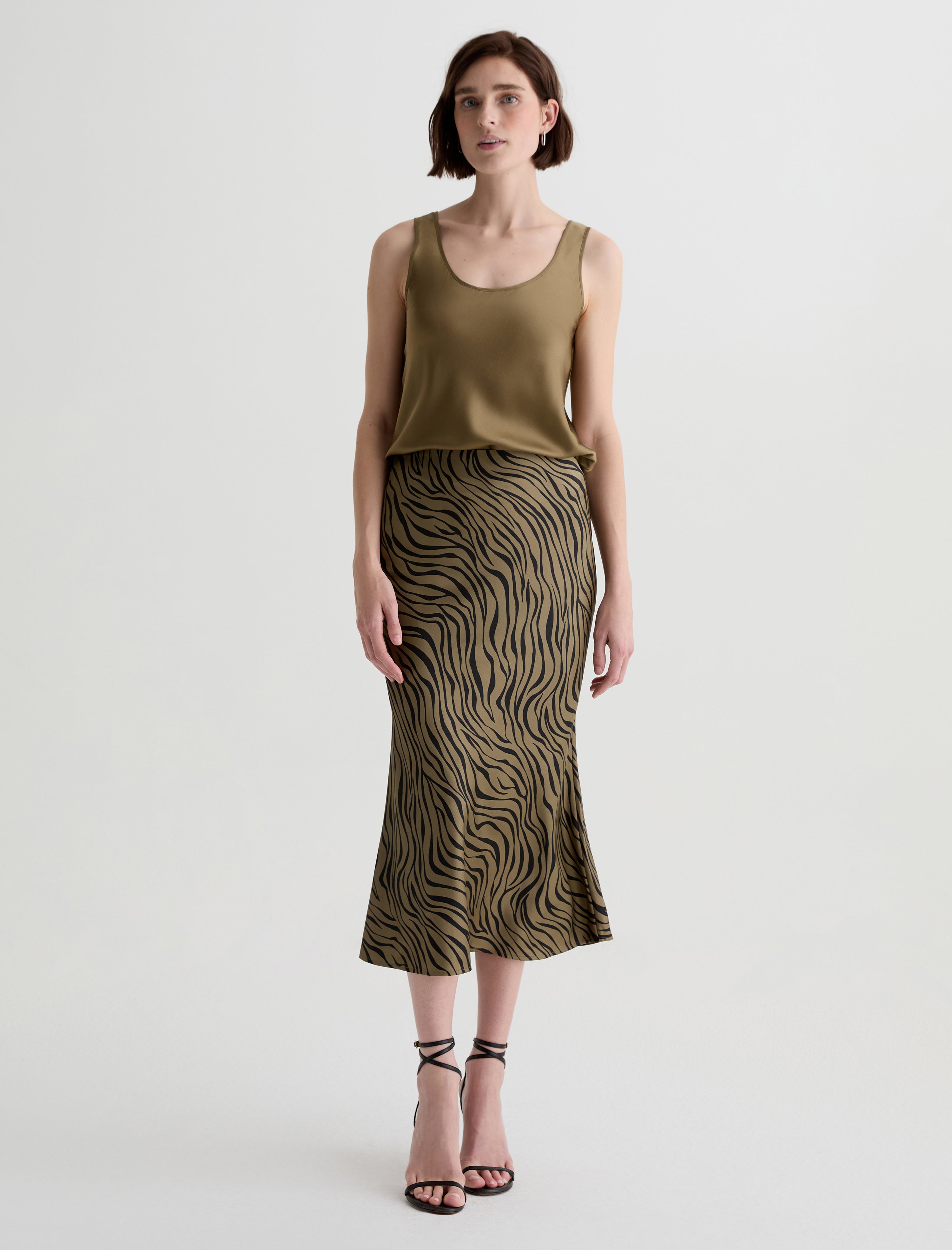 Karina Skirt Modern Zebra Mossy Taupe/Black Silk Classic Fit Skirt Women Bottom Photo 1