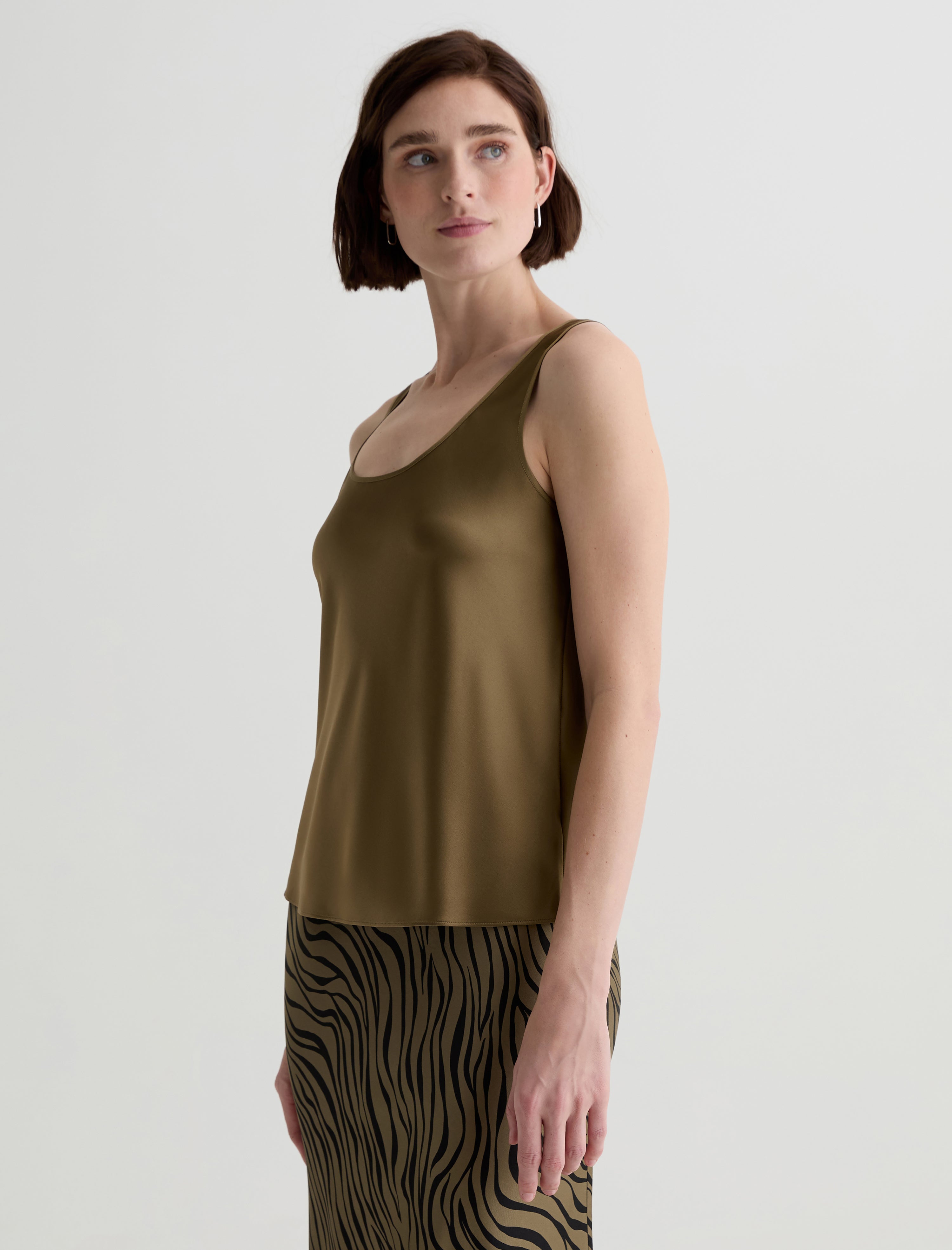 Nicola Mossy Taupe Silk Double Scoop Tank Women Top Photo 6