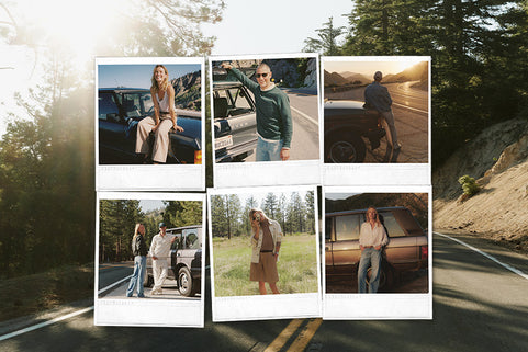 Collage of people by cars on a road trip with scenic background