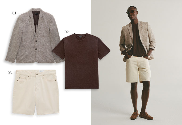 A beige blazer, brown t-shirt, and white shorts displayed with a person wearing the outfit.