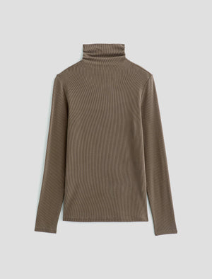 Chels Turtleneck Taupe Grey Slim Fit Long Sleeve Rib Turtleneck Women Top Photo 9