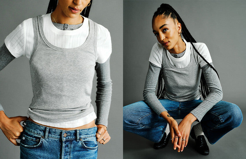 A split-screen lifestyle image showing a model wearing a layered knit top. On the left, she is shown from the waist up, wearing a light gray ribbed scoop-neck sweater vest over a white short-sleeve crewneck shirt and blue jeans.