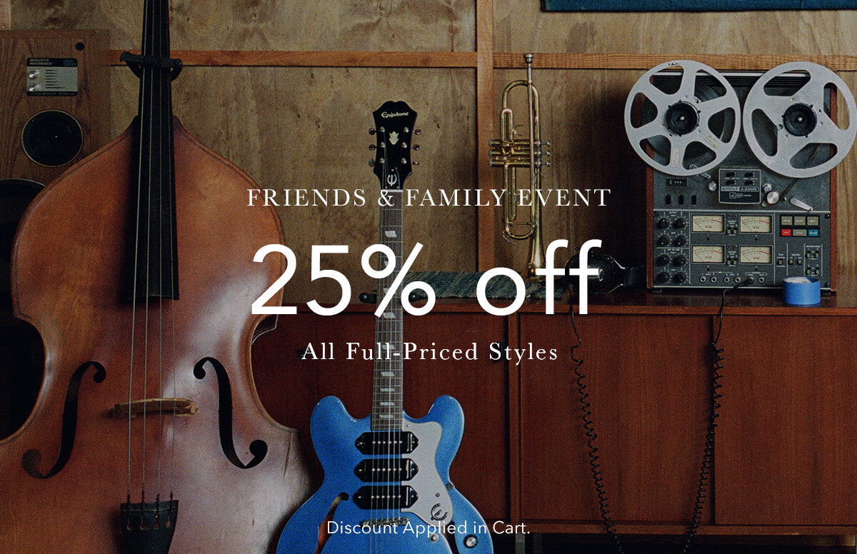 Promotional graphic for a music-themed event with large white text reading 'FRIENDS & FAMILY EVENT 25% off All Full-Priced Styles' over a photo of musical instruments, including a double bass, electric guitar, trumpet, reel-to-reel tape recorder, and amplifiers.